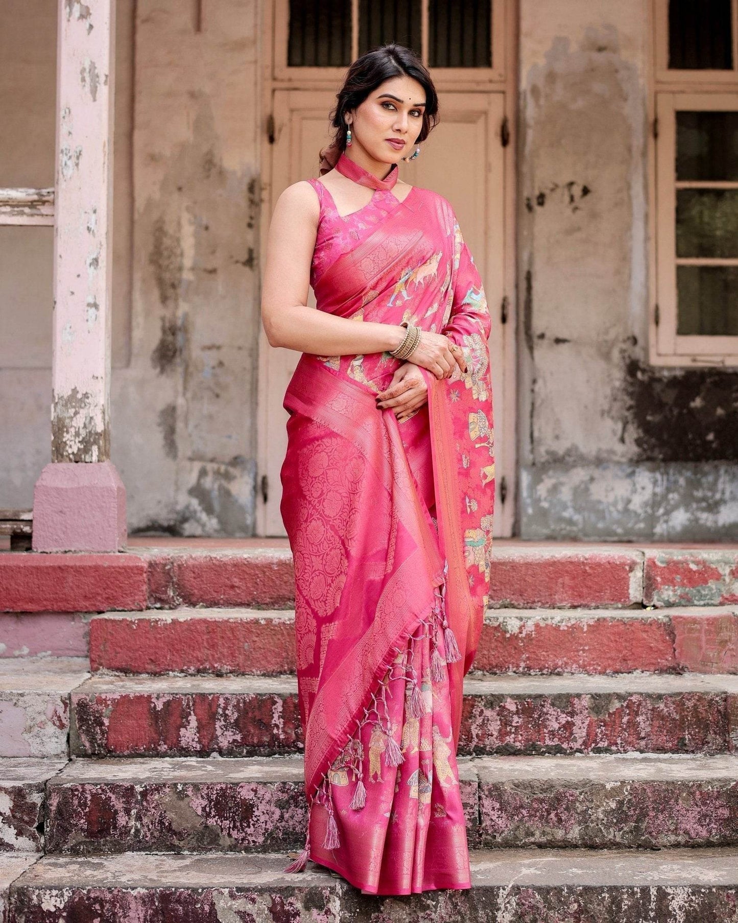 Regal Pink Banarasi Silk Saree with Zari Weave and Intricate Tassels - SEEANS