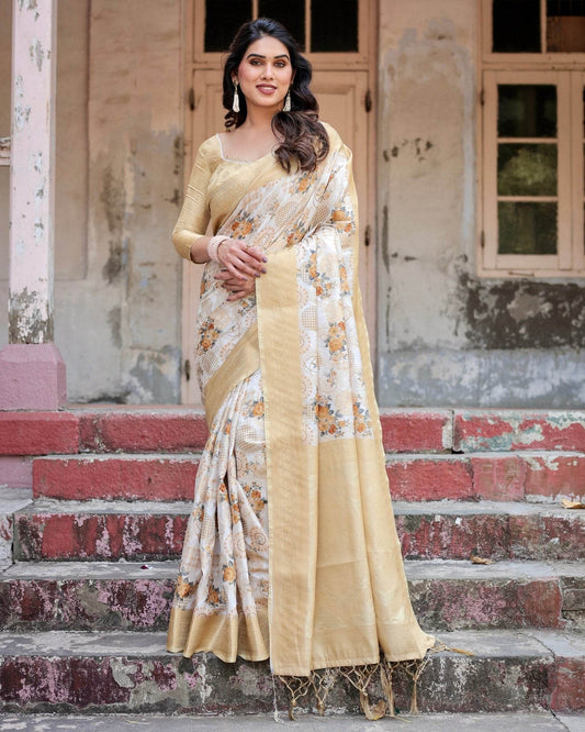 Ivory and Gold Banarasi Silk Saree with Floral Print, Zari Border, and Tassels - SEEANS