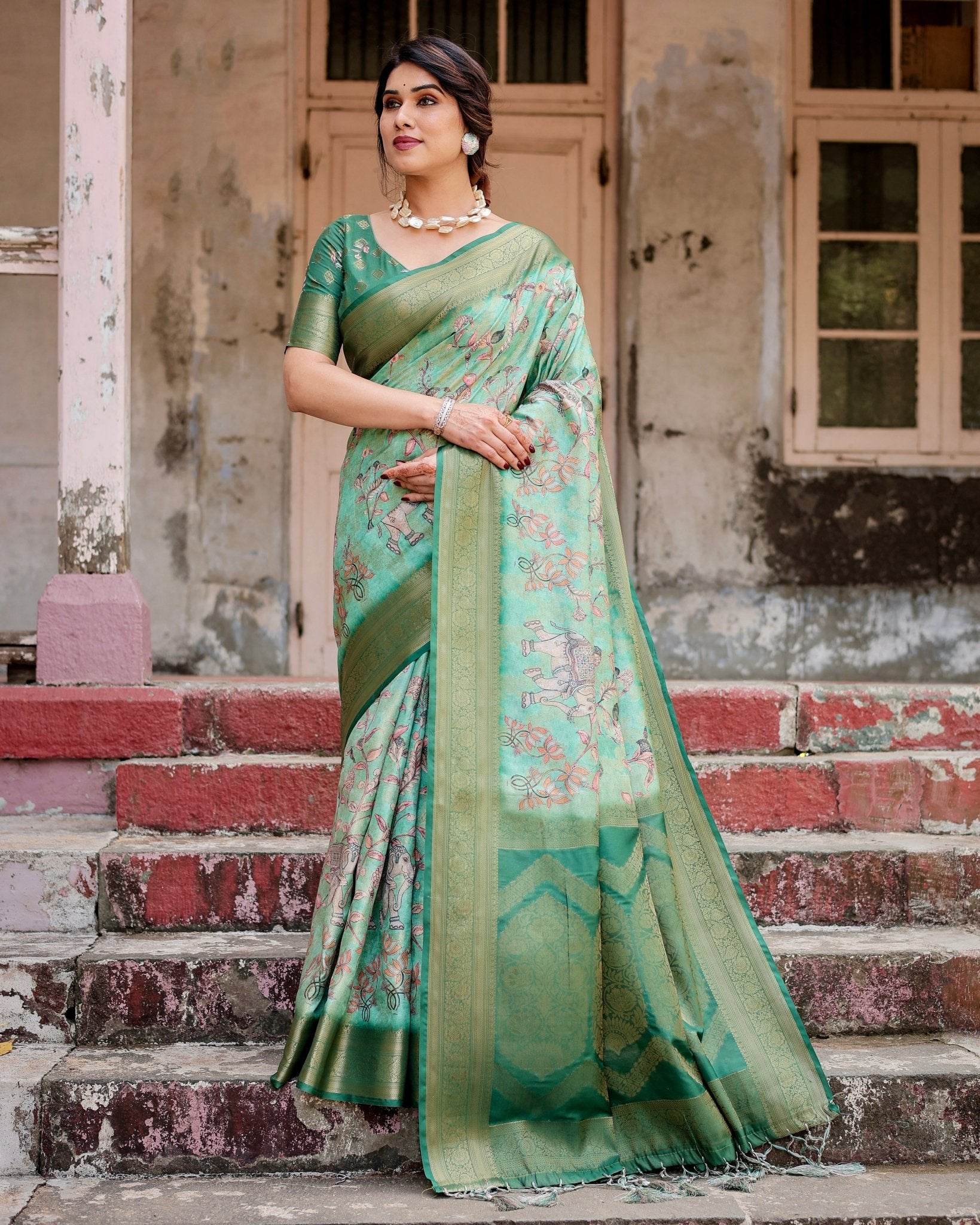 Graceful Green Banarasi Silk Saree with Intricate Floral and Elephant Weaves - SEEANS