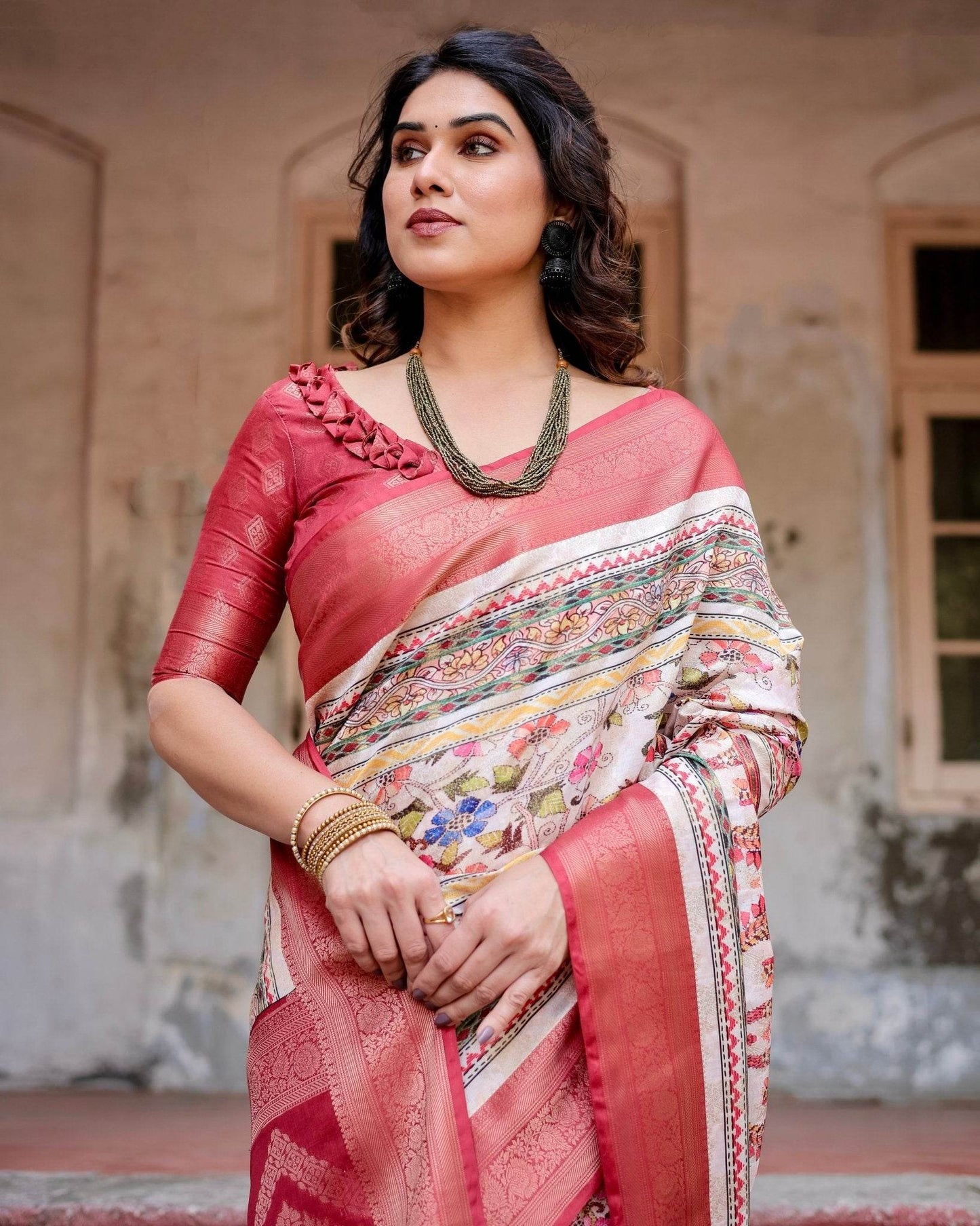 Red and Multicolor Digital Print Banarasi Silk Saree with Zari Weave and Tassel-Adorned Pallu - SEEANS