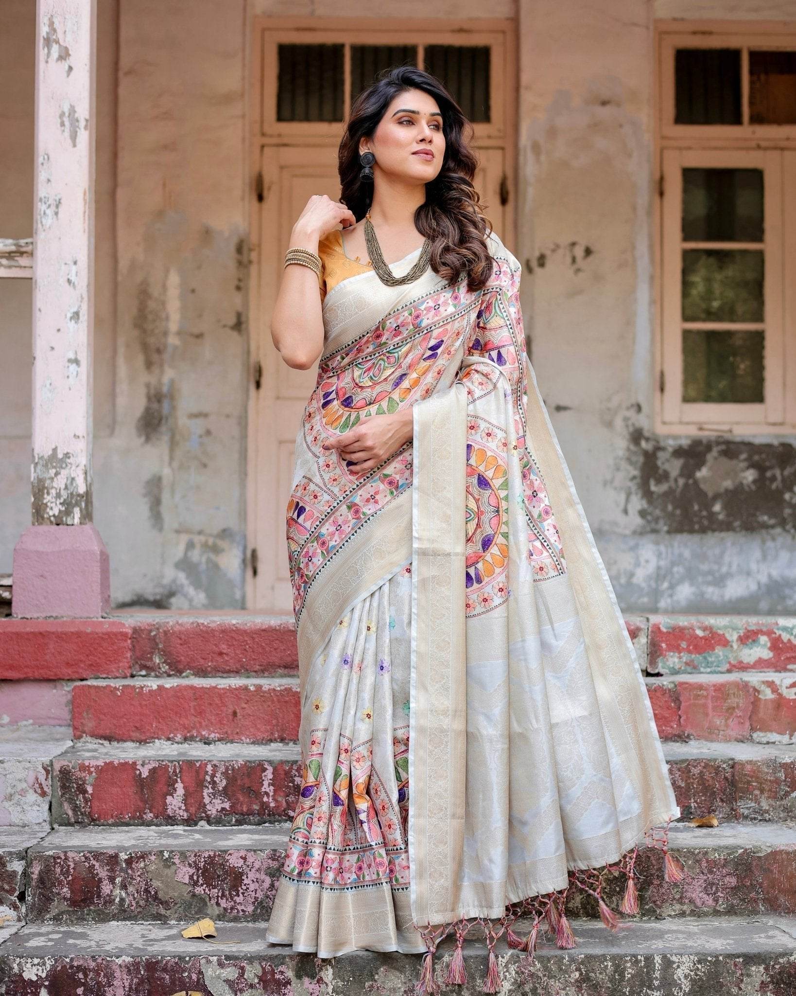 Off-White and Multicolor Mandala Design Banarasi Silk Saree with Zari Weave and Tassel-Adorned Pallu - SEEANS