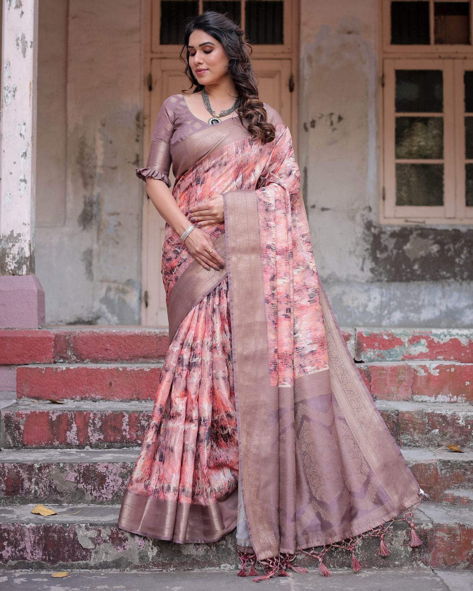 Peach and Brown Abstract Design Banarasi Silk Saree with Zari Weave and Tassel-Embellished Pallu - SEEANS