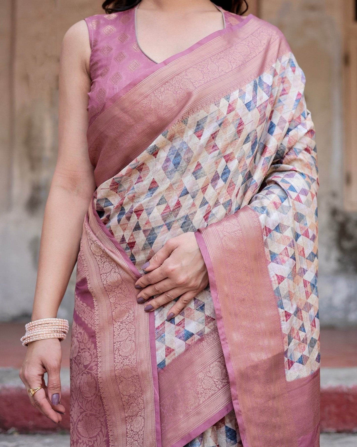 Beige and Pink Geometric Print Banarasi Silk Saree with Zari Weave and Tassel-Embellished Pallu - SEEANS