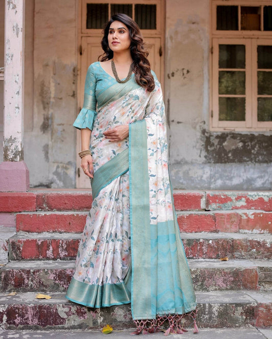 White and Aqua Floral Digital Print Banarasi Silk Saree with Zari Weave and Tassel-Adorned Pallu - SEEANS