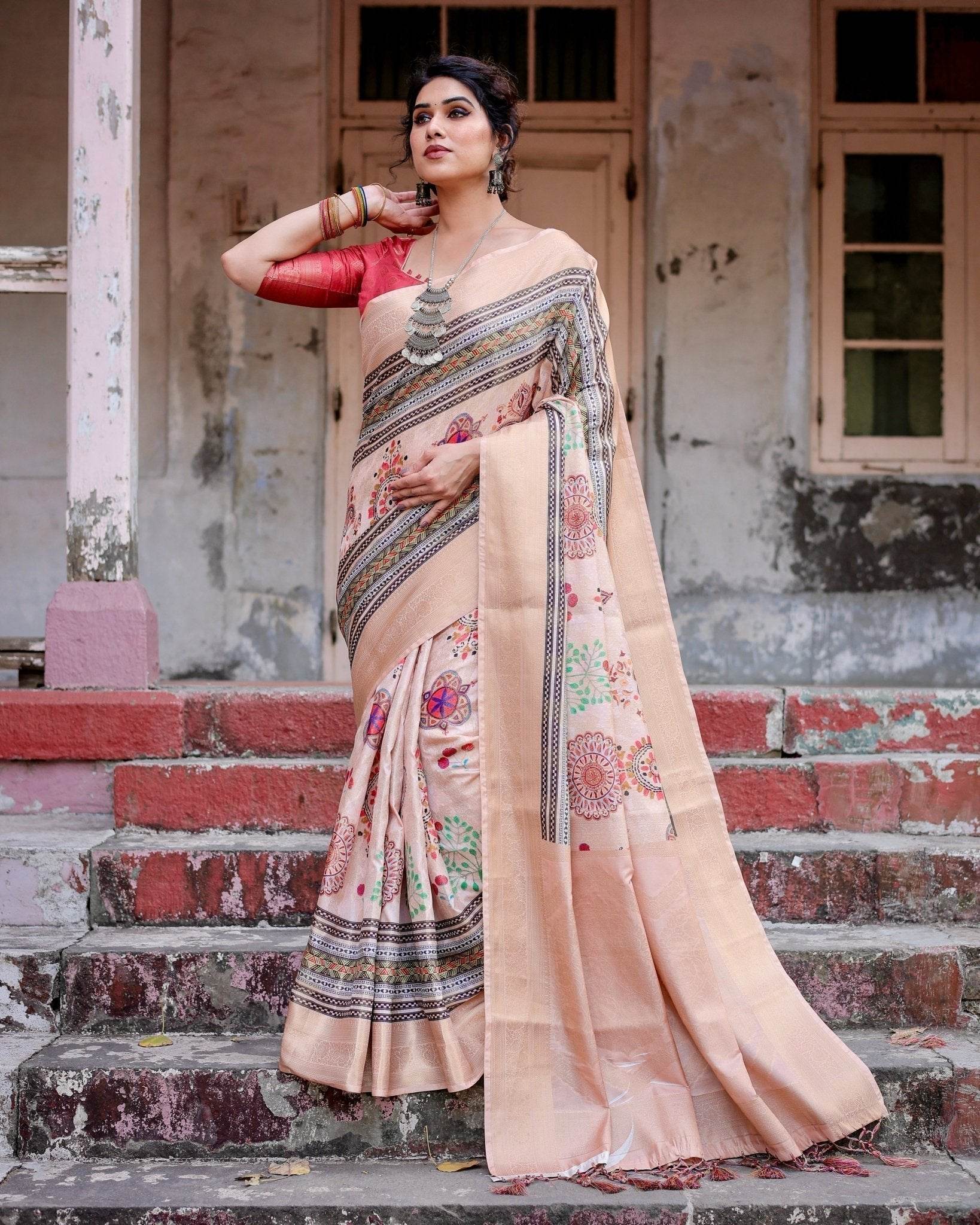 Elegant Peach Banarasi Silk Saree with Multicolor Embroidery and Tassels - SEEANS