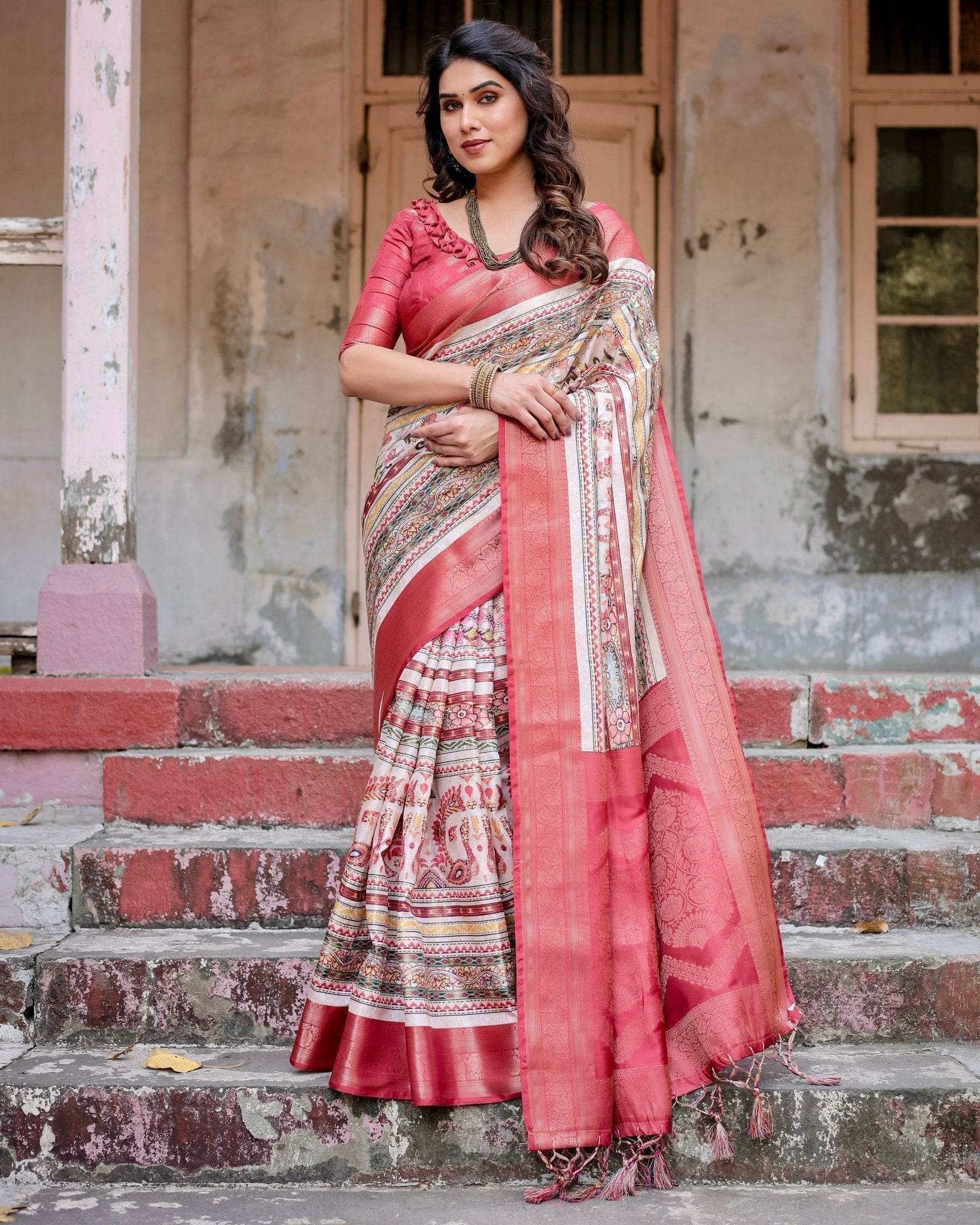 Red and Multicolor Digital Print Banarasi Silk Saree with Zari Weave and Tassel-Adorned Pallu - SEEANS