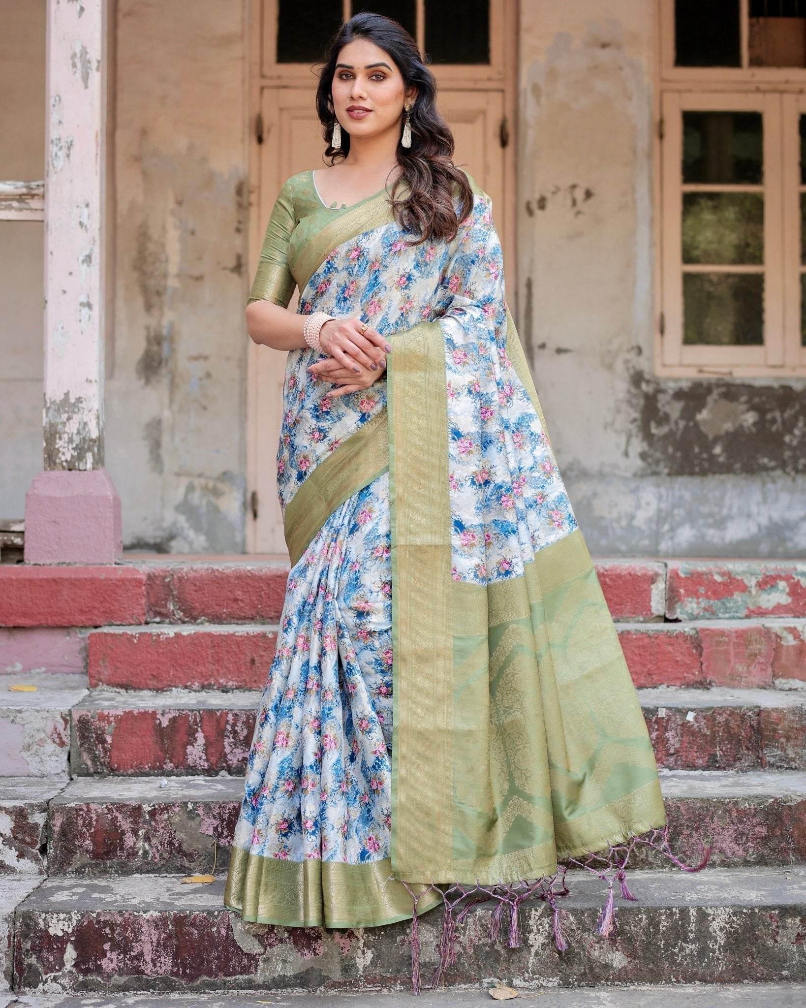 Blue and Green Floral Digital Print Banarasi Silk Saree with Zari Weave and Tassel-Embellished Pallu - SEEANS