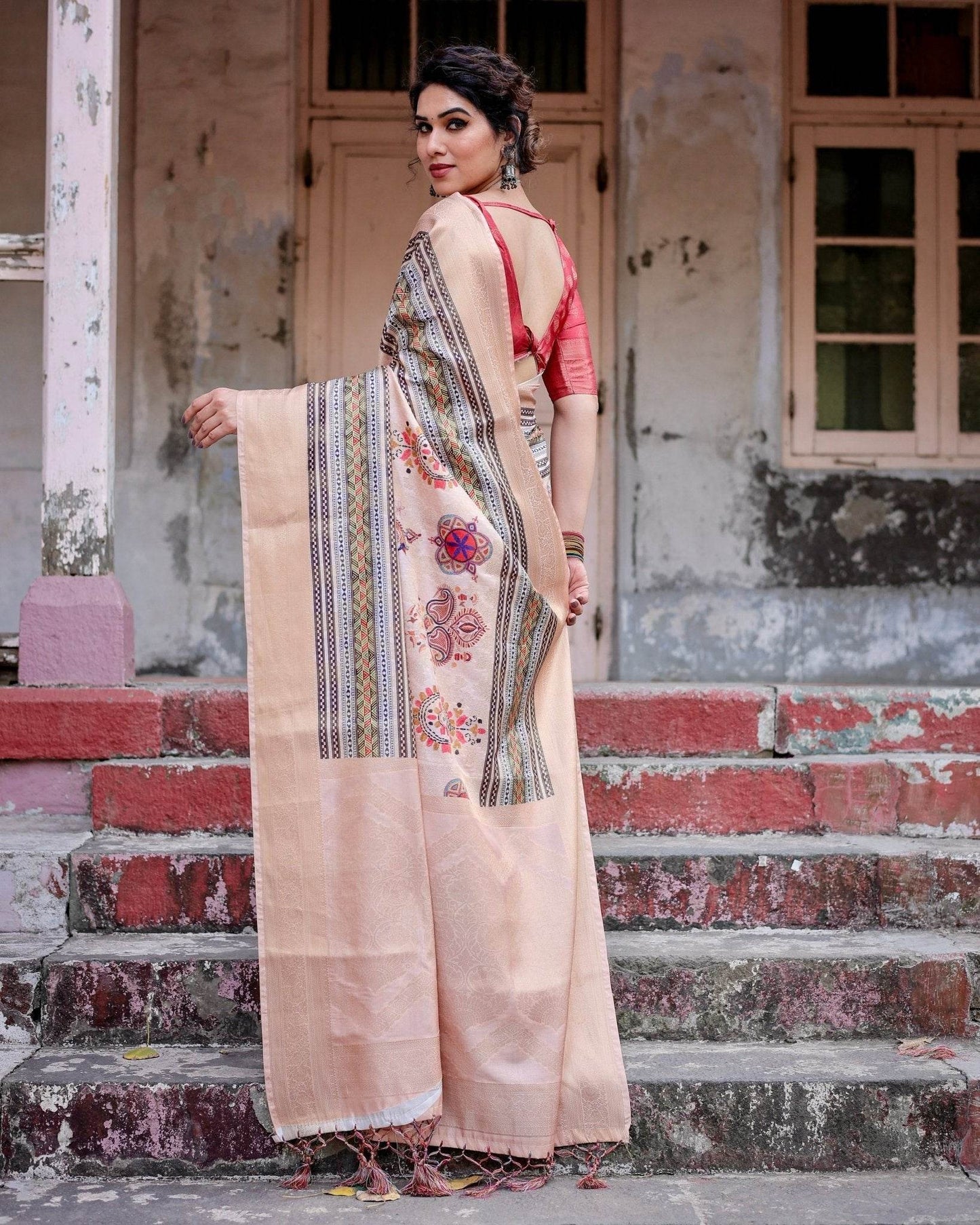 Elegant Peach Banarasi Silk Saree with Multicolor Embroidery and Tassels - SEEANS