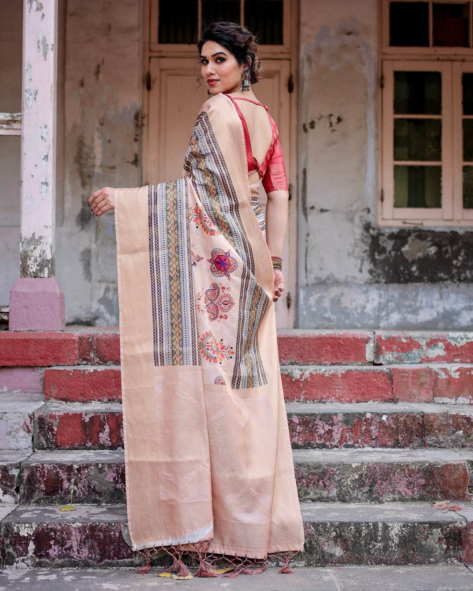 Elegant Peach Banarasi Silk Saree with Multicolor Embroidery and Tassels - SEEANS