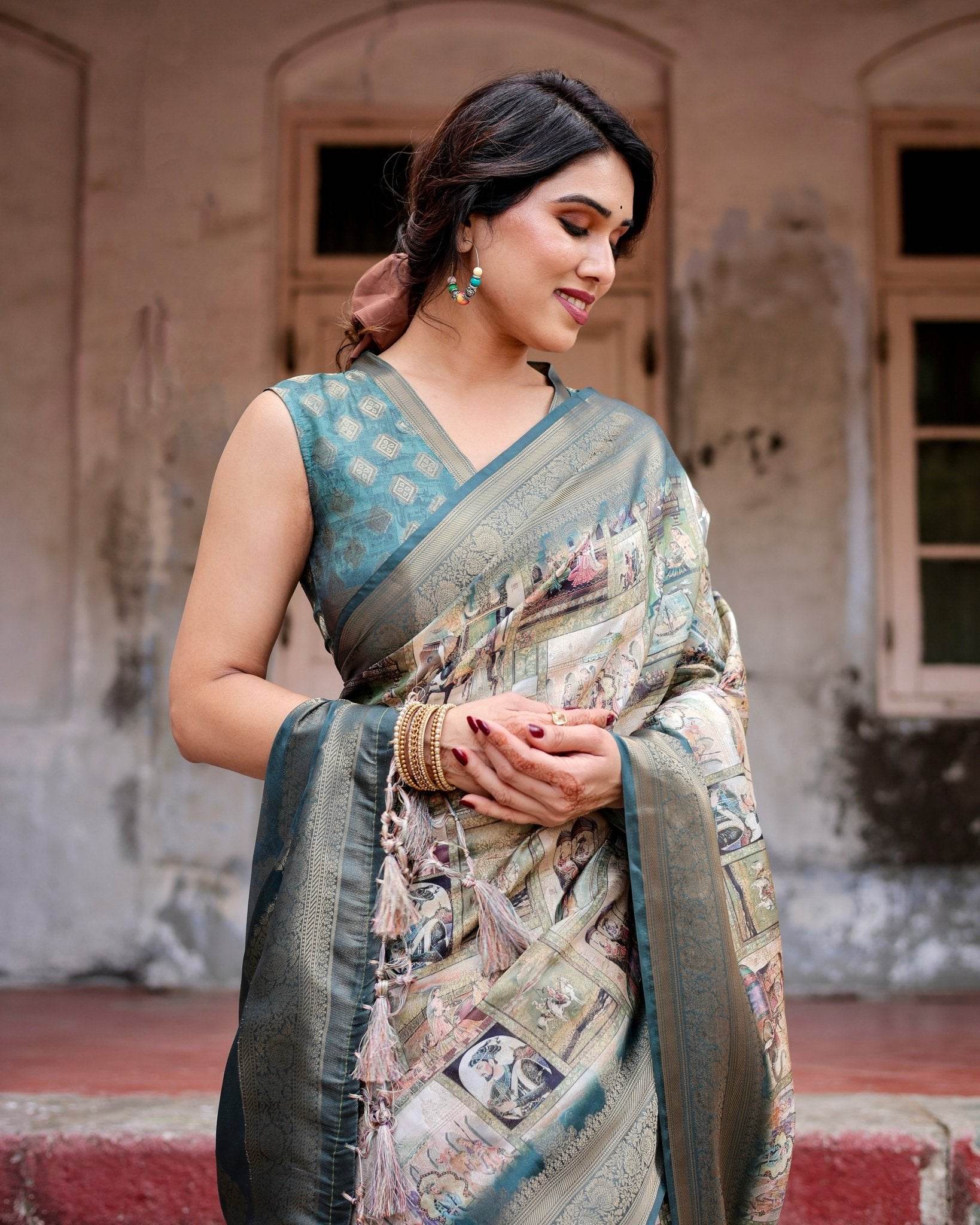 Graceful Teal Banarasi Silk Saree with Digital Vintage Prints and Zari Weaving - SEEANS