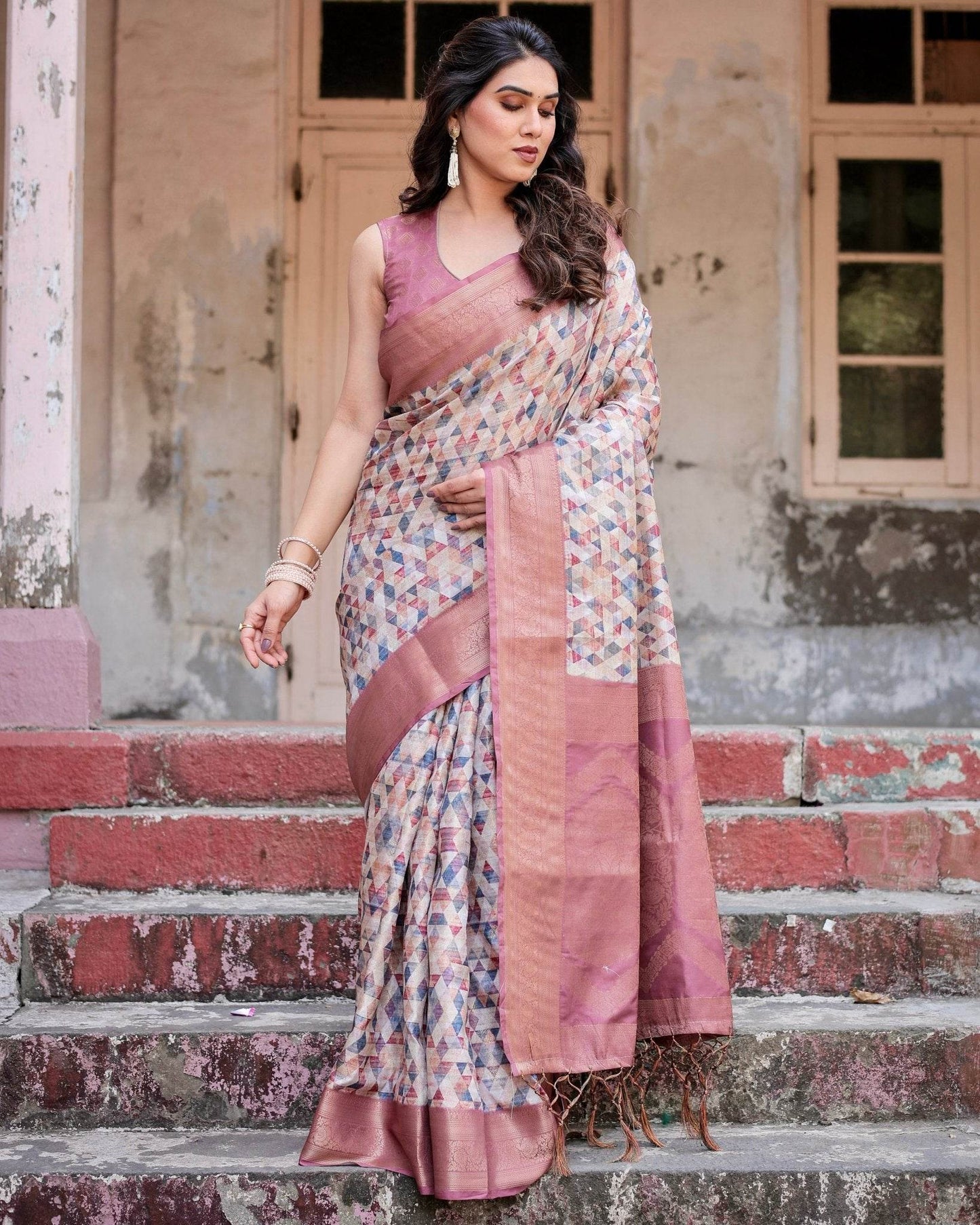 Beige and Pink Geometric Print Banarasi Silk Saree with Zari Weave and Tassel-Embellished Pallu - SEEANS