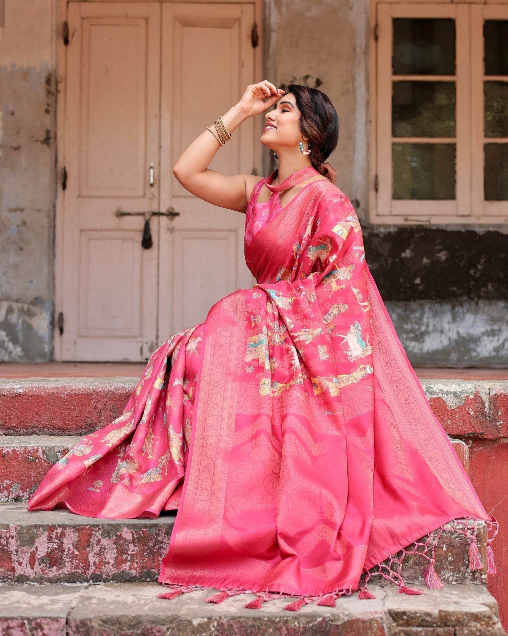 Regal Pink Banarasi Silk Saree with Zari Weave and Intricate Tassels - SEEANS