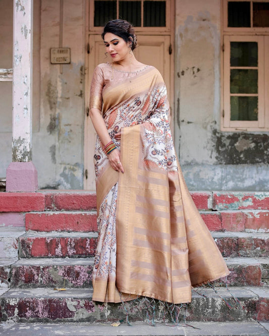 Elegant Beige Floral Banarasi Silk Saree with Zari Weave and Tassels - SEEANS