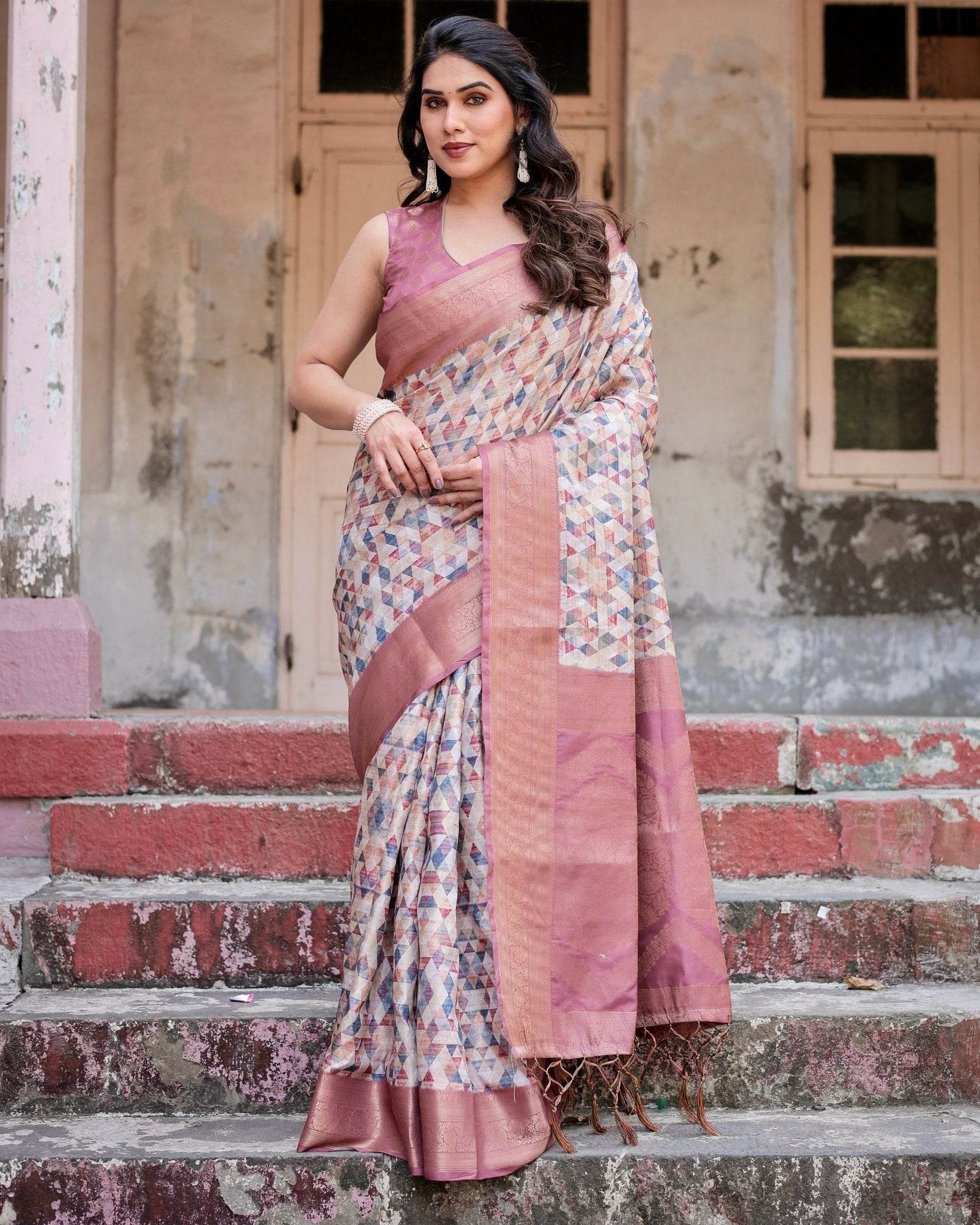 Beige and Pink Geometric Print Banarasi Silk Saree with Zari Weave and Tassel-Embellished Pallu - SEEANS