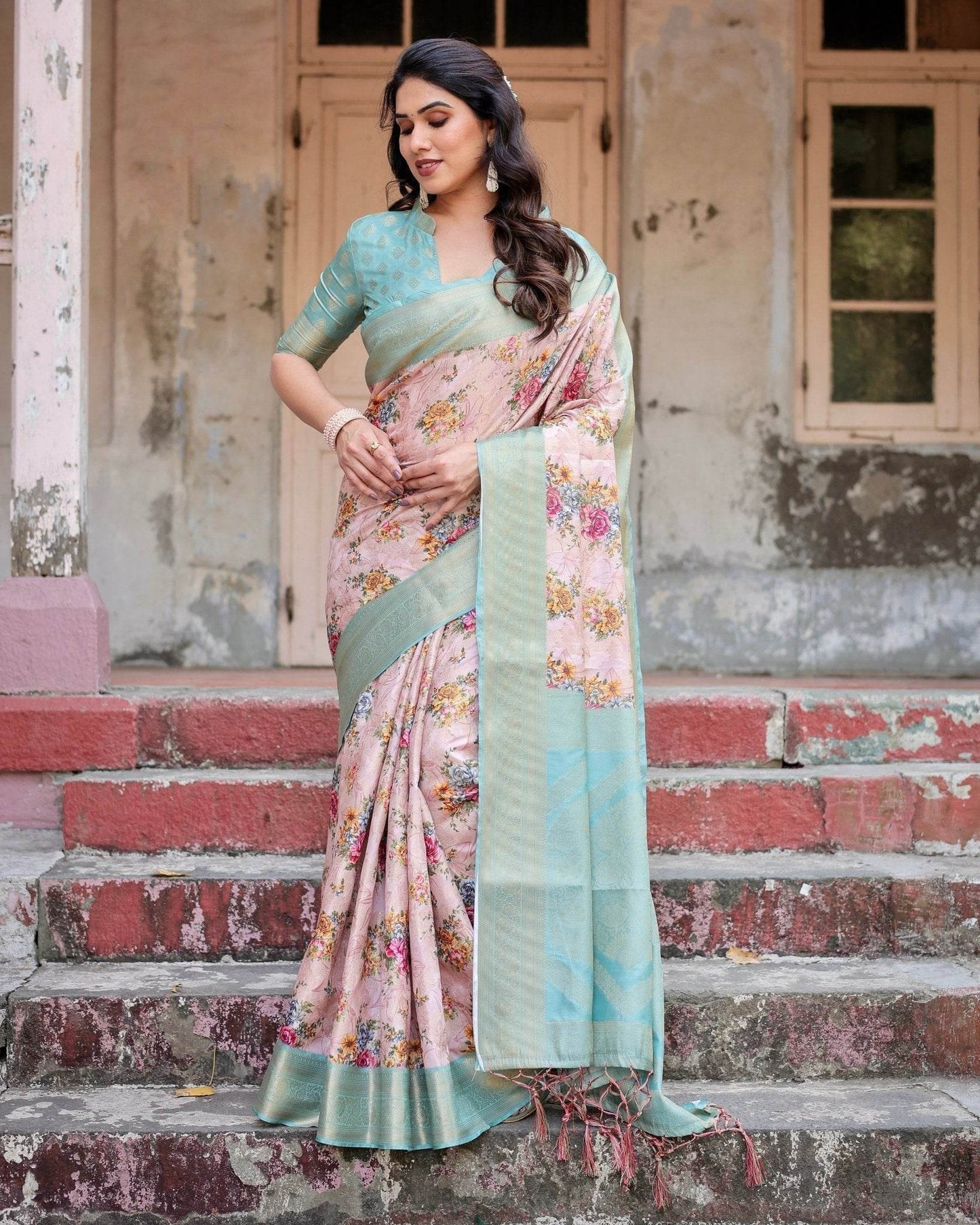 Pink and Green Floral Digital Print Banarasi Silk Saree with Zari Weave and Tassel Pallu - SEEANS