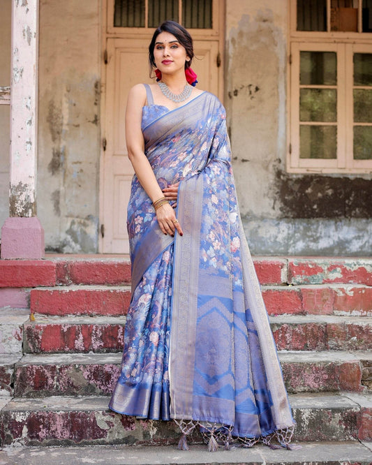 Majestic Blue Banarasi Silk Saree with Delicate Floral Zari Work and Tassel-Embellished Pallu - SEEANS