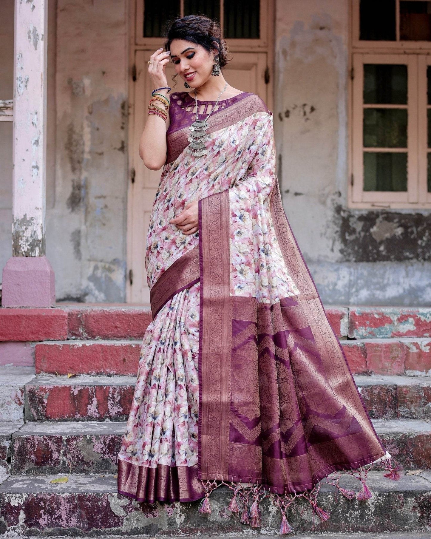 Elegant Wine Floral Banarasi Silk Saree with Zari Weave and Tassels - SEEANS