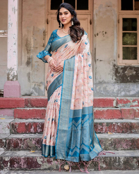 Peach and Teal Floral Digital Print Banarasi Silk Saree with Zari Weave and Tassel-Adorned Pallu - SEEANS