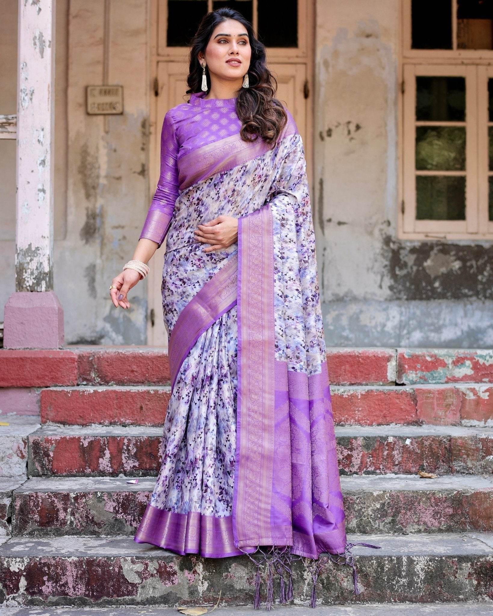 Lavender and White Geometric Floral Digital Print Banarasi Silk Saree with Zari Weave and Tassel-Embellished Pallu - SEEANS