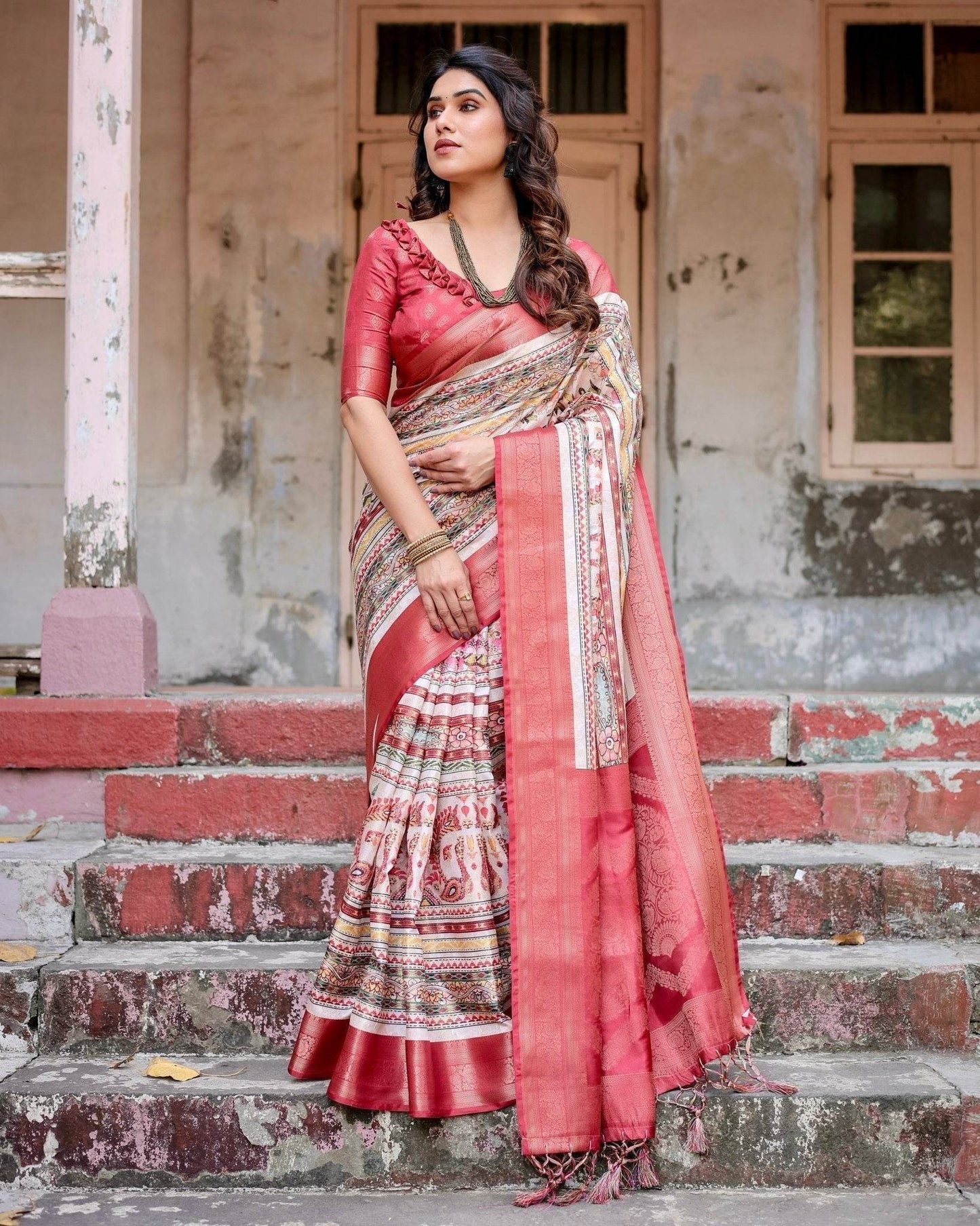 Red and Multicolor Digital Print Banarasi Silk Saree with Zari Weave and Tassel-Adorned Pallu - SEEANS