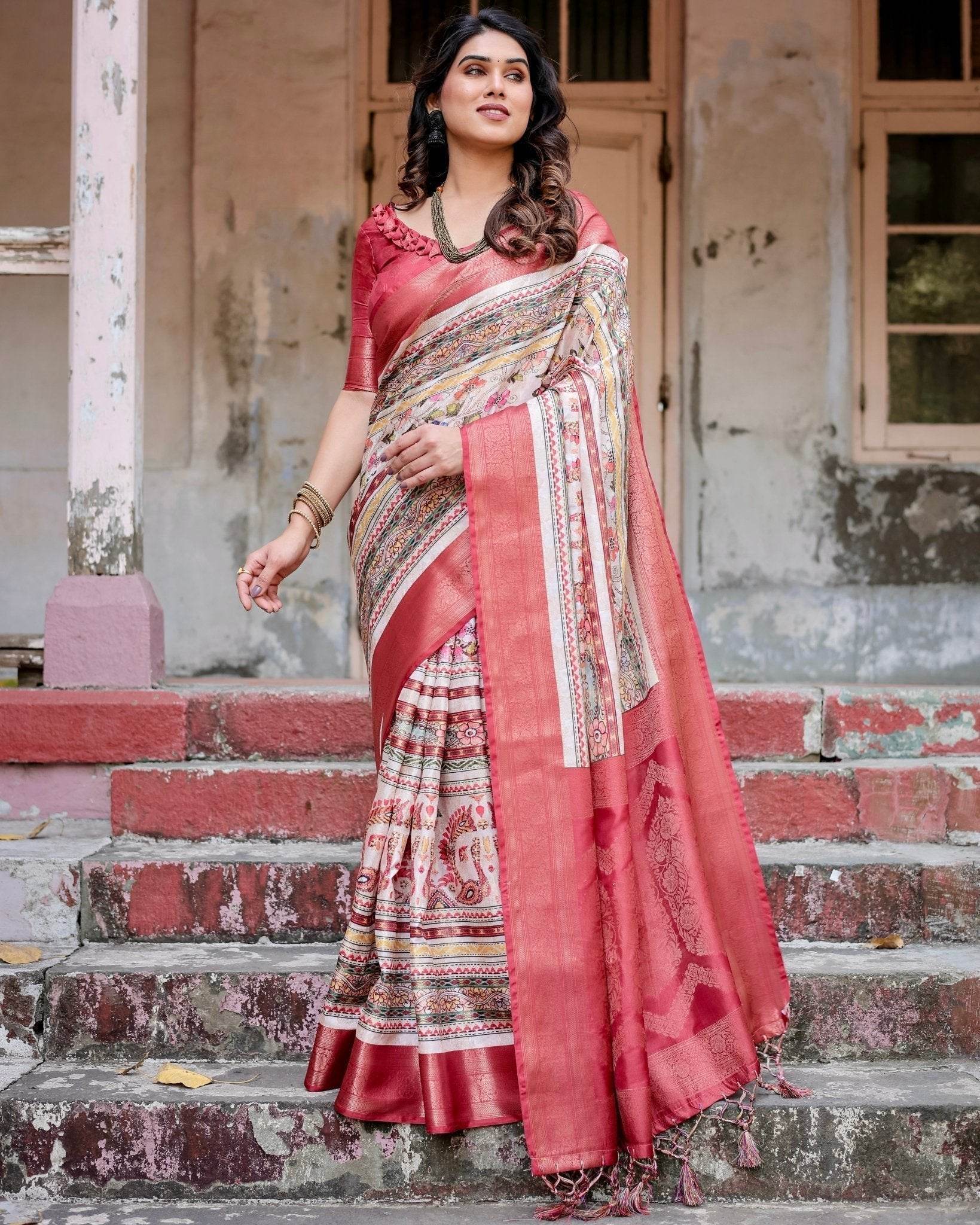 Red and Multicolor Digital Print Banarasi Silk Saree with Zari Weave and Tassel-Adorned Pallu - SEEANS