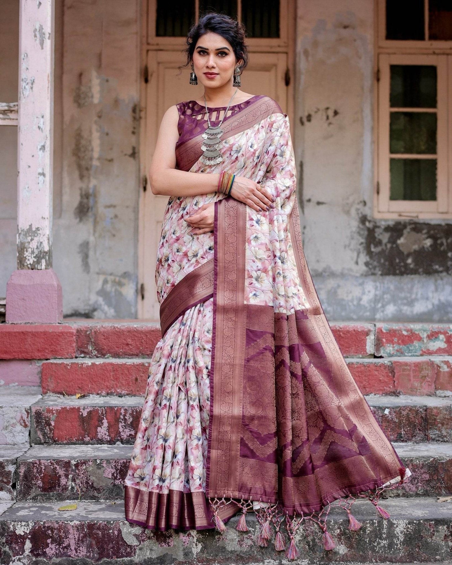 Elegant Wine Floral Banarasi Silk Saree with Zari Weave and Tassels - SEEANS