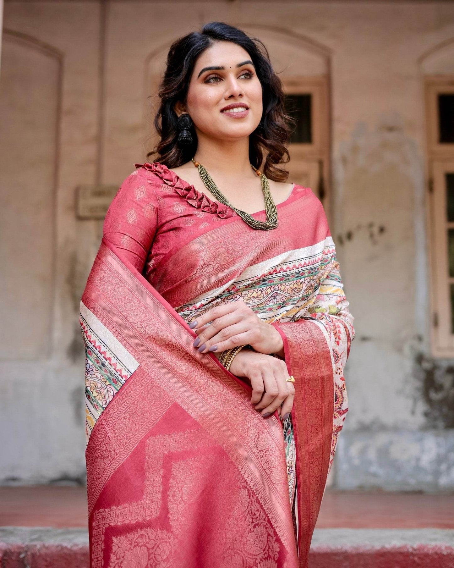 Red and Multicolor Digital Print Banarasi Silk Saree with Zari Weave and Tassel-Adorned Pallu - SEEANS