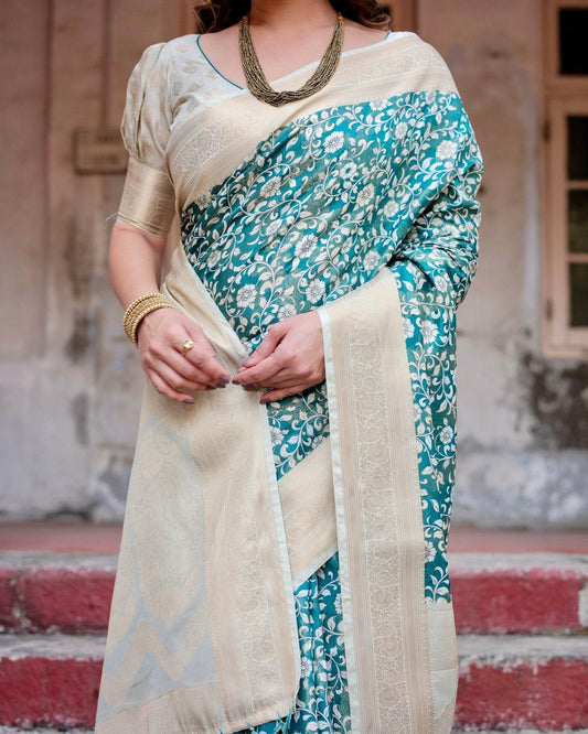 Teal and Cream Floral Banarasi Silk Saree with Zari Weave and Tassel-Accented Pallu - SEEANS