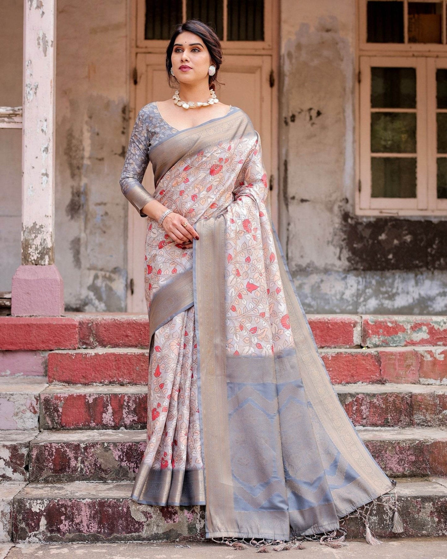 Elegant Grey Banarasi Silk Saree with Intricate Floral Design and Zari Weave - SEEANS