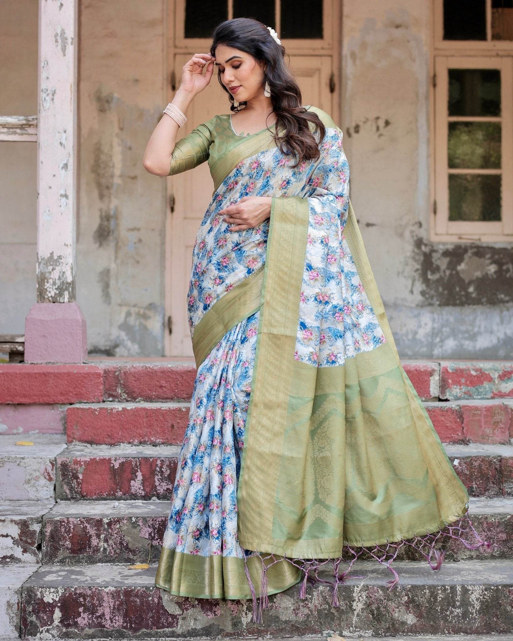 Blue and Green Floral Digital Print Banarasi Silk Saree with Zari Weave and Tassel-Embellished Pallu - SEEANS