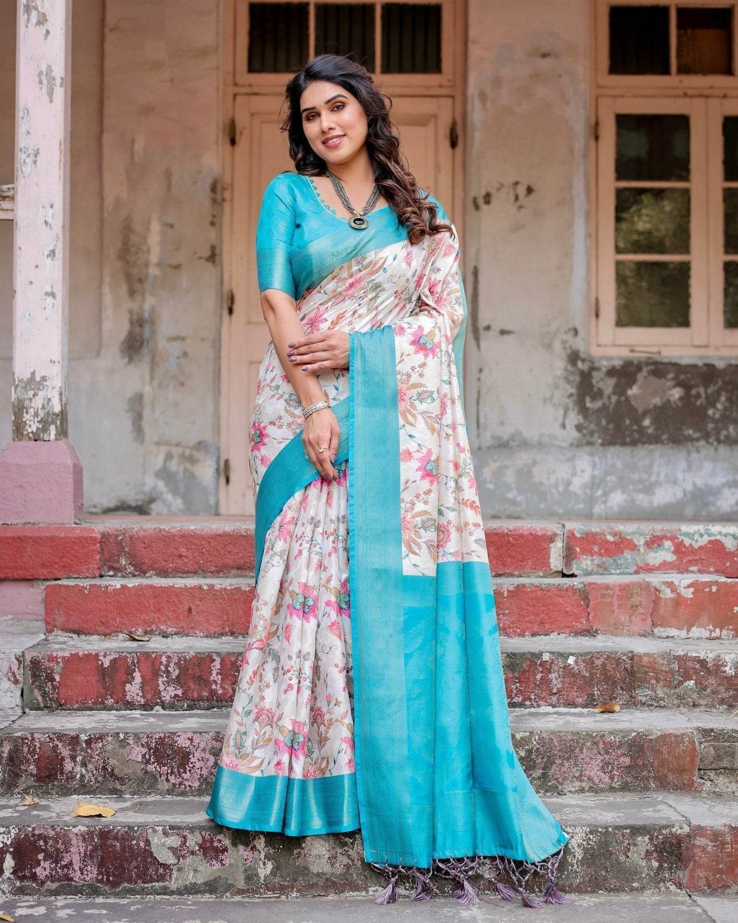 White and Aqua Floral Design Banarasi Silk Saree with Zari Weave and Tassel-Embellished Pallu - SEEANS