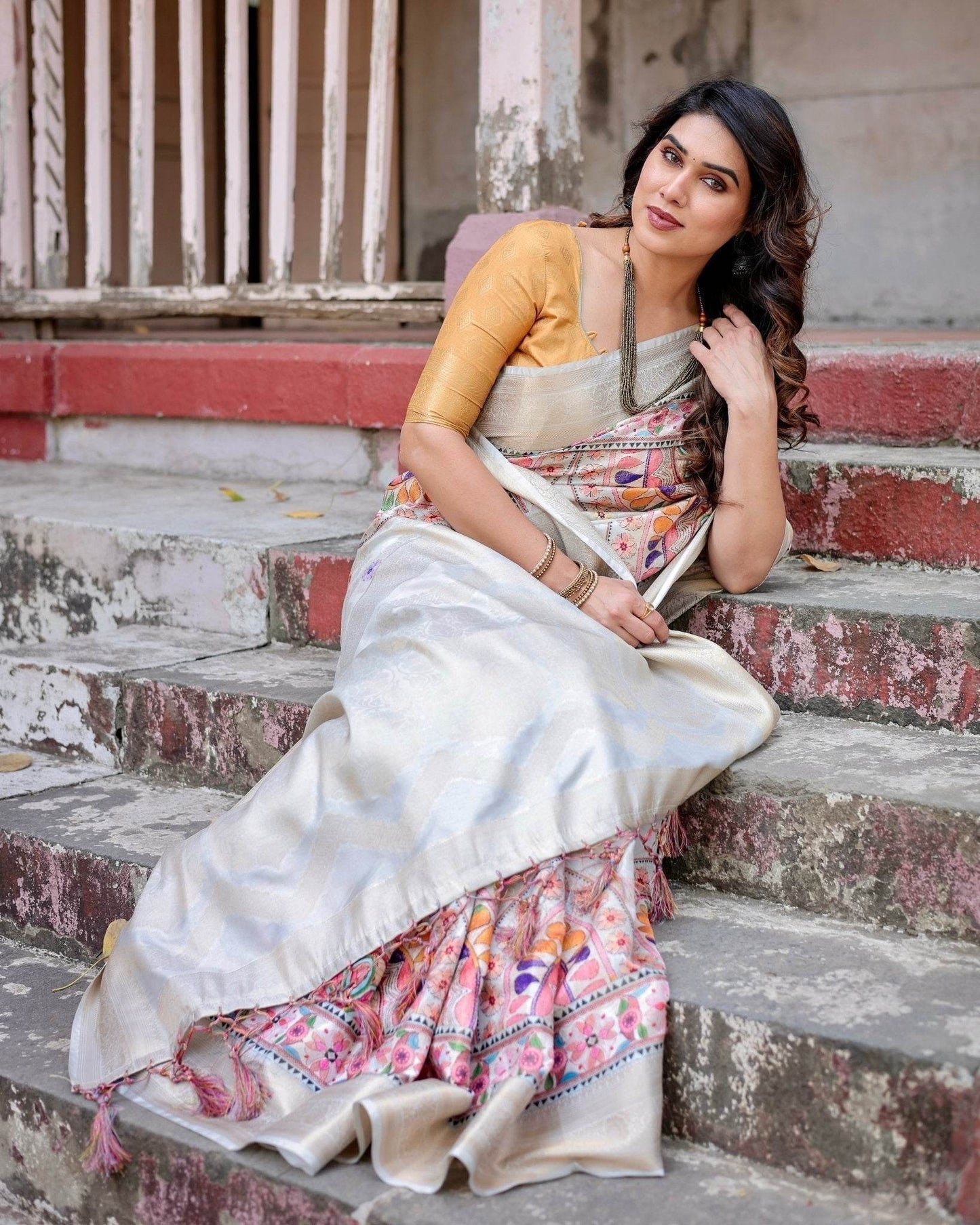 Off-White and Multicolor Mandala Design Banarasi Silk Saree with Zari Weave and Tassel-Adorned Pallu - SEEANS