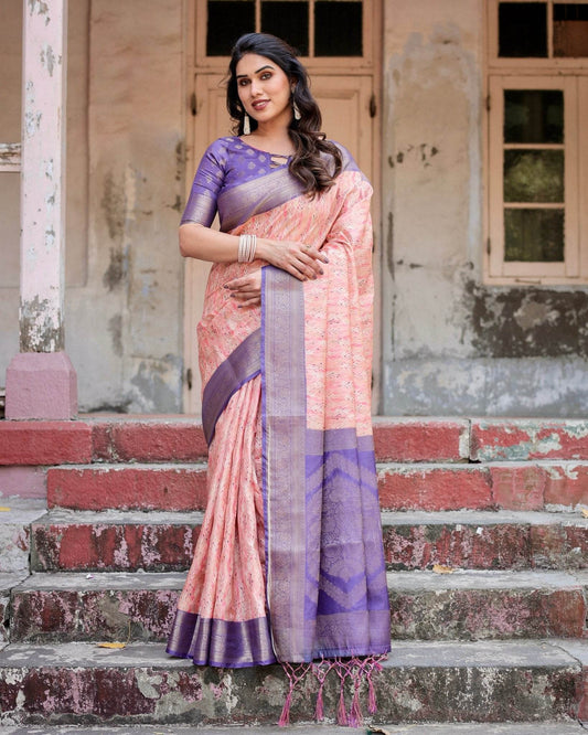 Peach and Purple Floral Digital Print Banarasi Silk Saree with Zari Weave and Tassel-Adorned Pallu - SEEANS