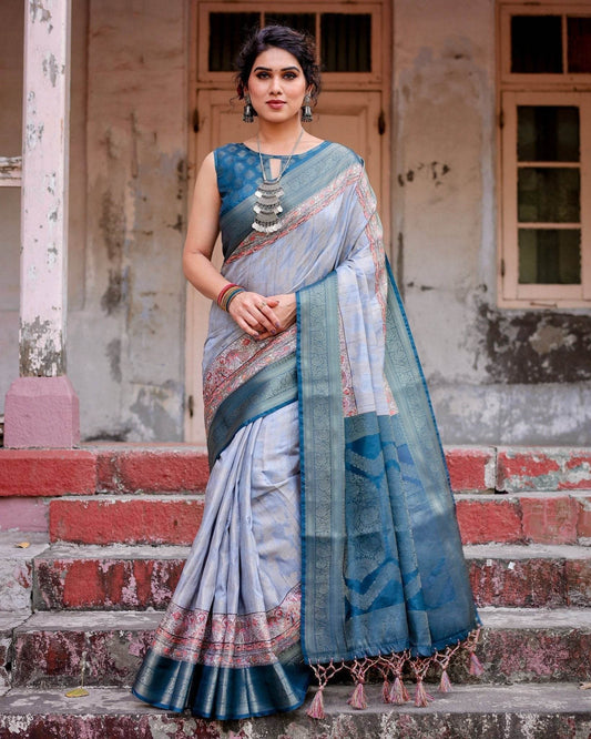 Elegant Blue and Beige Banarasi Silk Saree with Ornate Zari Weaving and Tassels - SEEANS