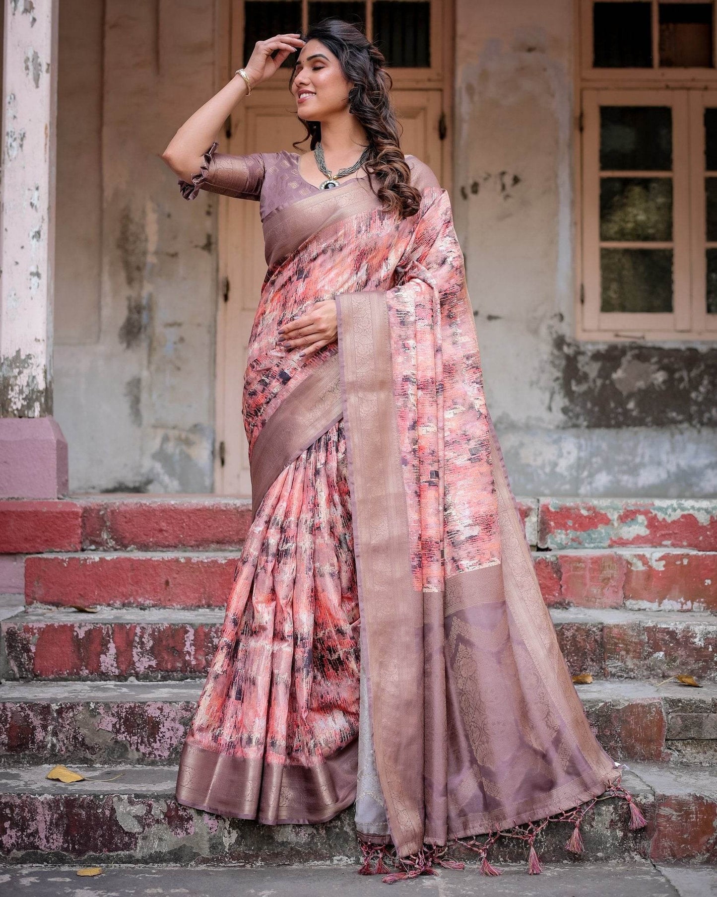 Peach and Brown Abstract Design Banarasi Silk Saree with Zari Weave and Tassel-Embellished Pallu - SEEANS