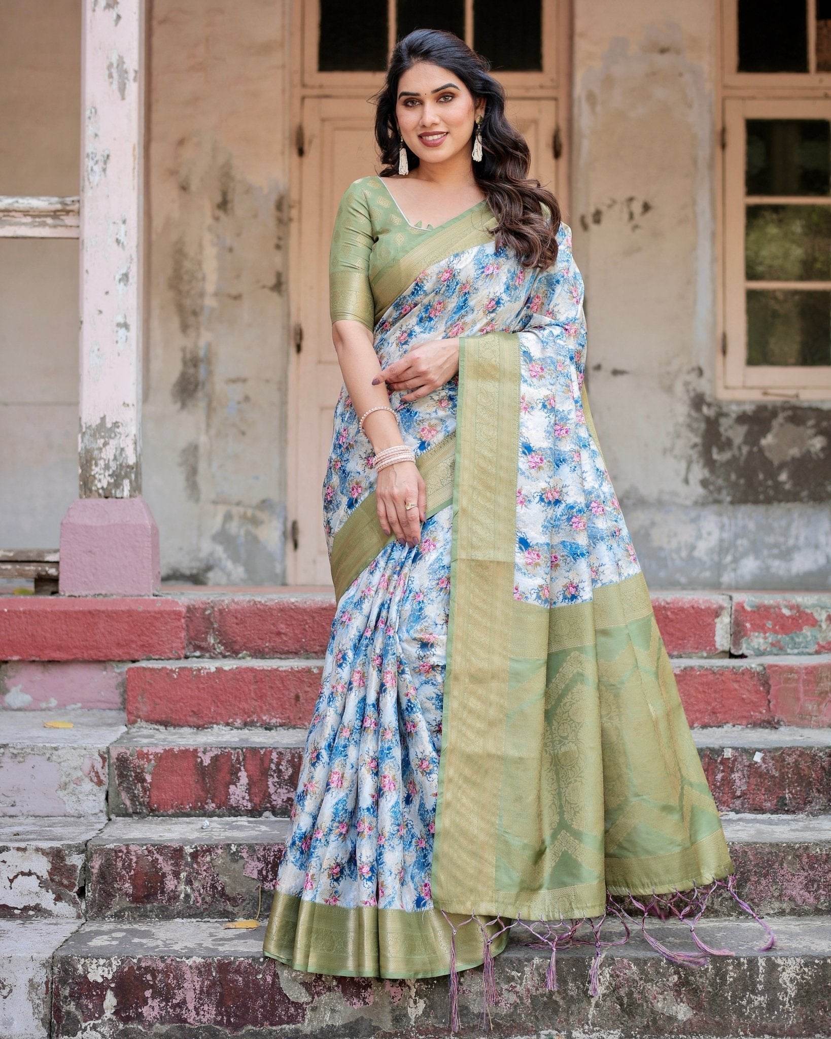 Blue and Green Floral Digital Print Banarasi Silk Saree with Zari Weave and Tassel-Embellished Pallu - SEEANS