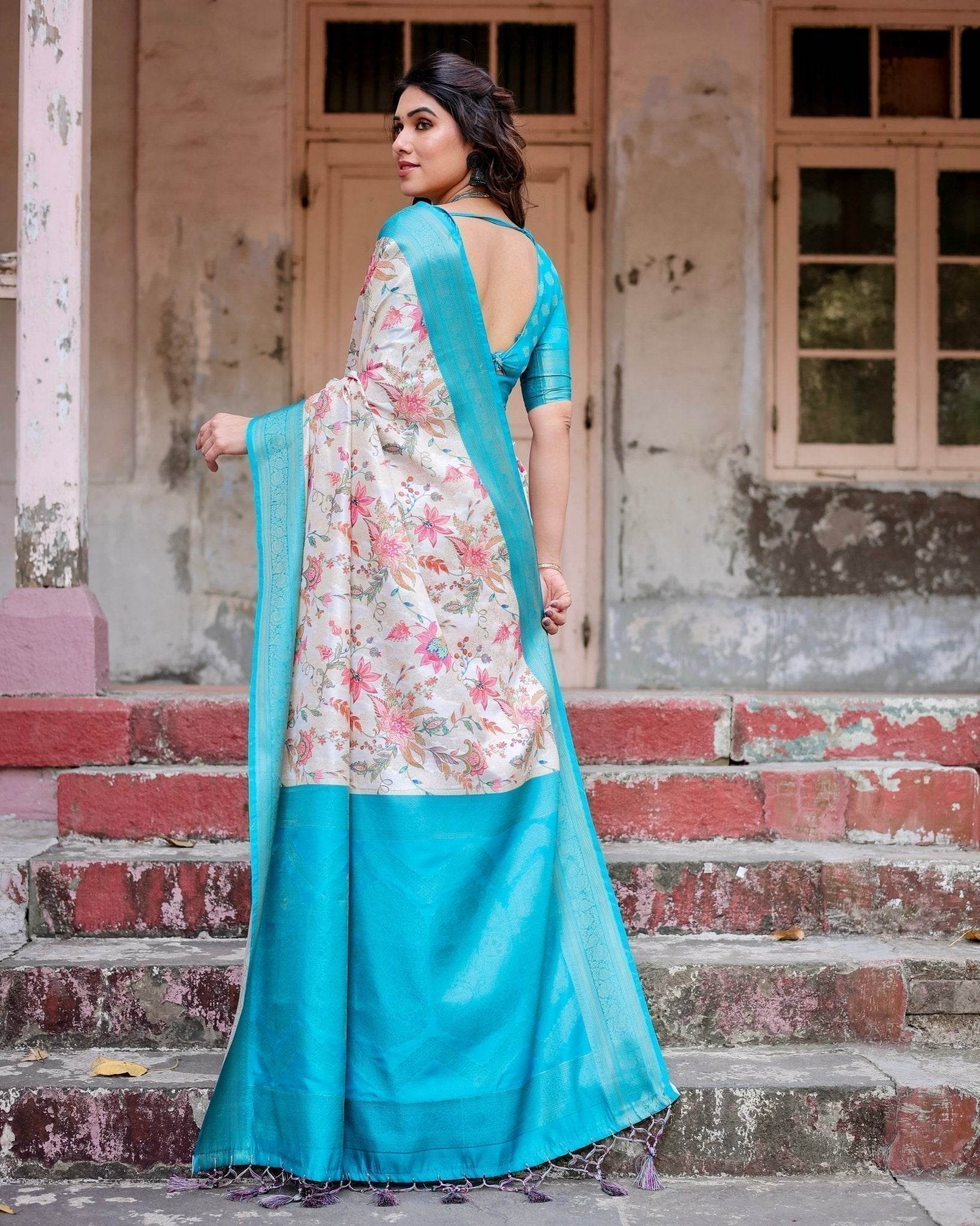 White and Aqua Floral Design Banarasi Silk Saree with Zari Weave and Tassel-Embellished Pallu - SEEANS