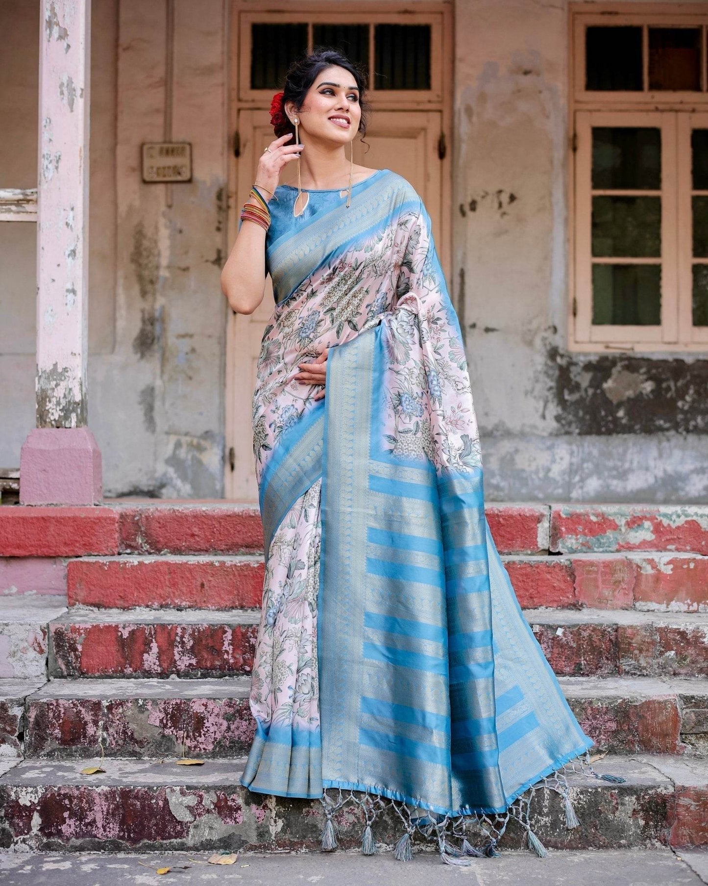 Elegant Floral Banarasi Silk Saree in Sky Blue and Blush Pink with Zari Weave and Tassels - SEEANS