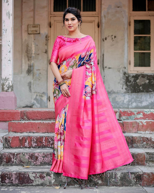 Hot Pink Multicolor Floral Digital Printed Banarasi Silk Saree with Zari Woven Border and Solid Pink Pallu - Includes Tassels - SEEANS