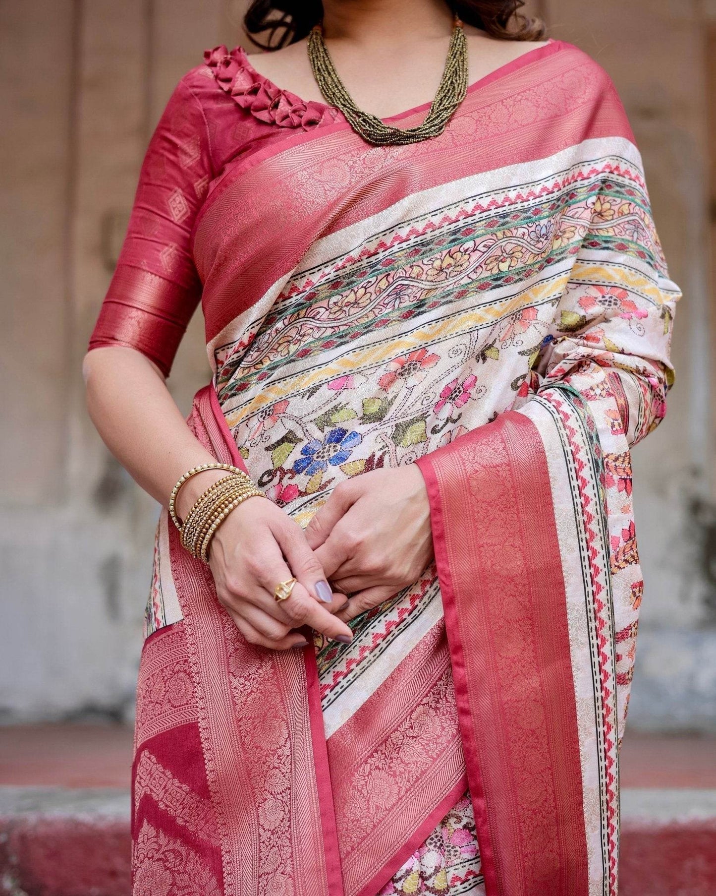 Red and Multicolor Digital Print Banarasi Silk Saree with Zari Weave and Tassel-Adorned Pallu - SEEANS