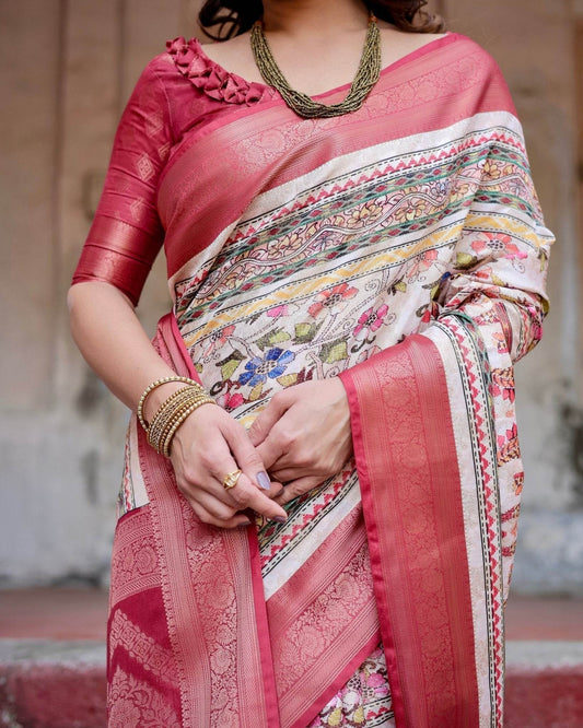 Red and Multicolor Digital Print Banarasi Silk Saree with Zari Weave and Tassel-Adorned Pallu - SEEANS