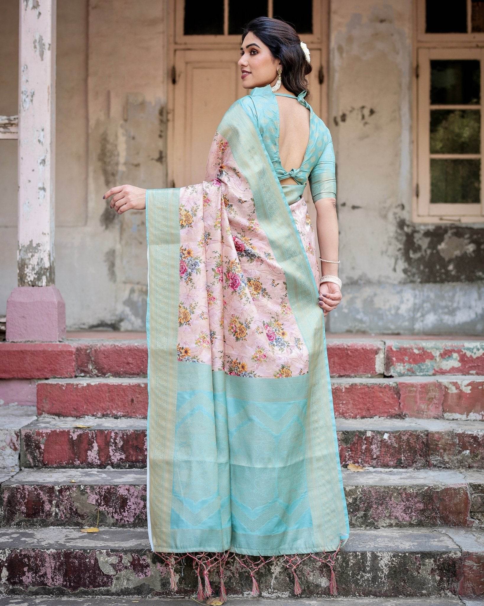 Pink and Green Floral Digital Print Banarasi Silk Saree with Zari Weave and Tassel Pallu - SEEANS