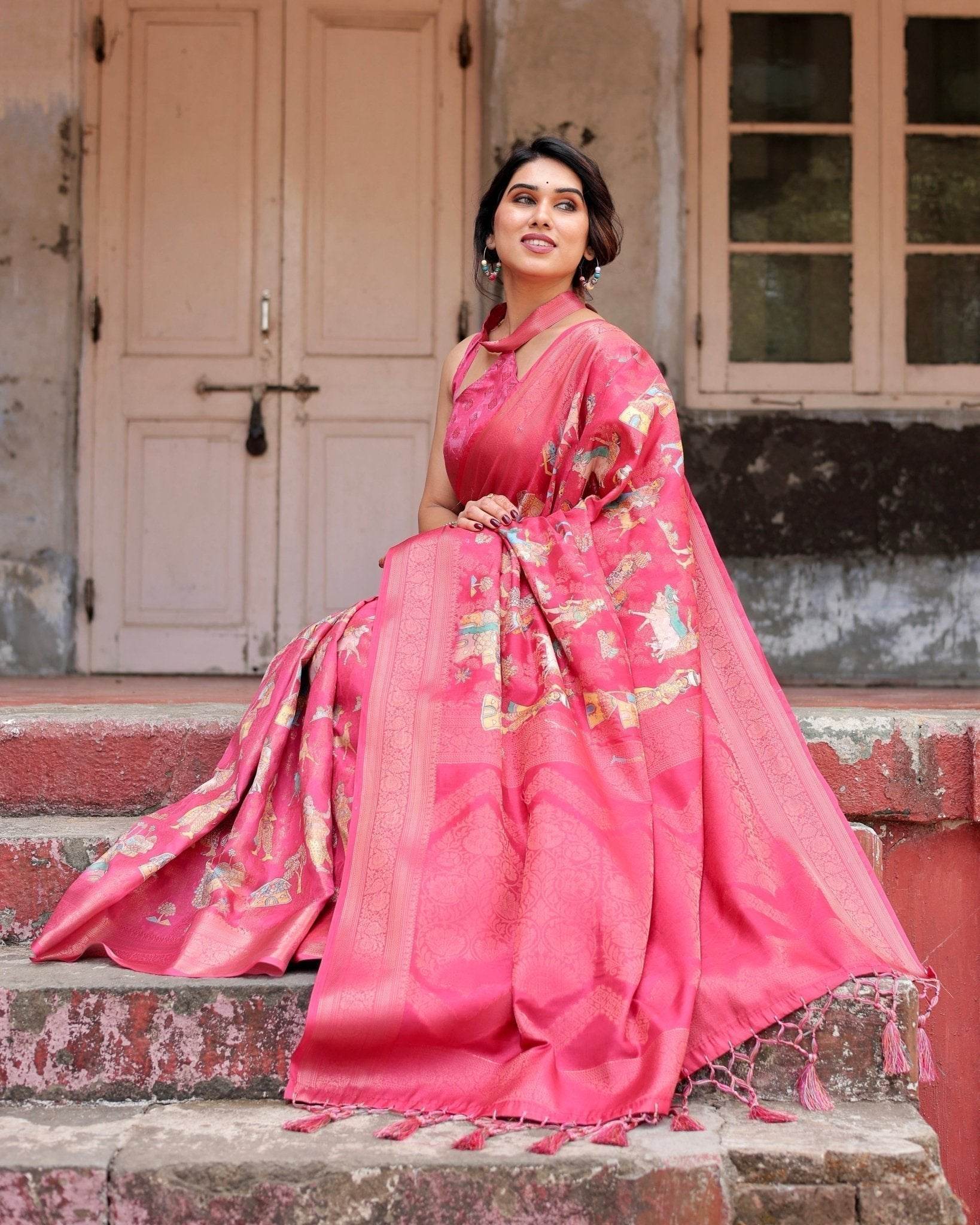 Regal Pink Banarasi Silk Saree with Zari Weave and Intricate Tassels - SEEANS