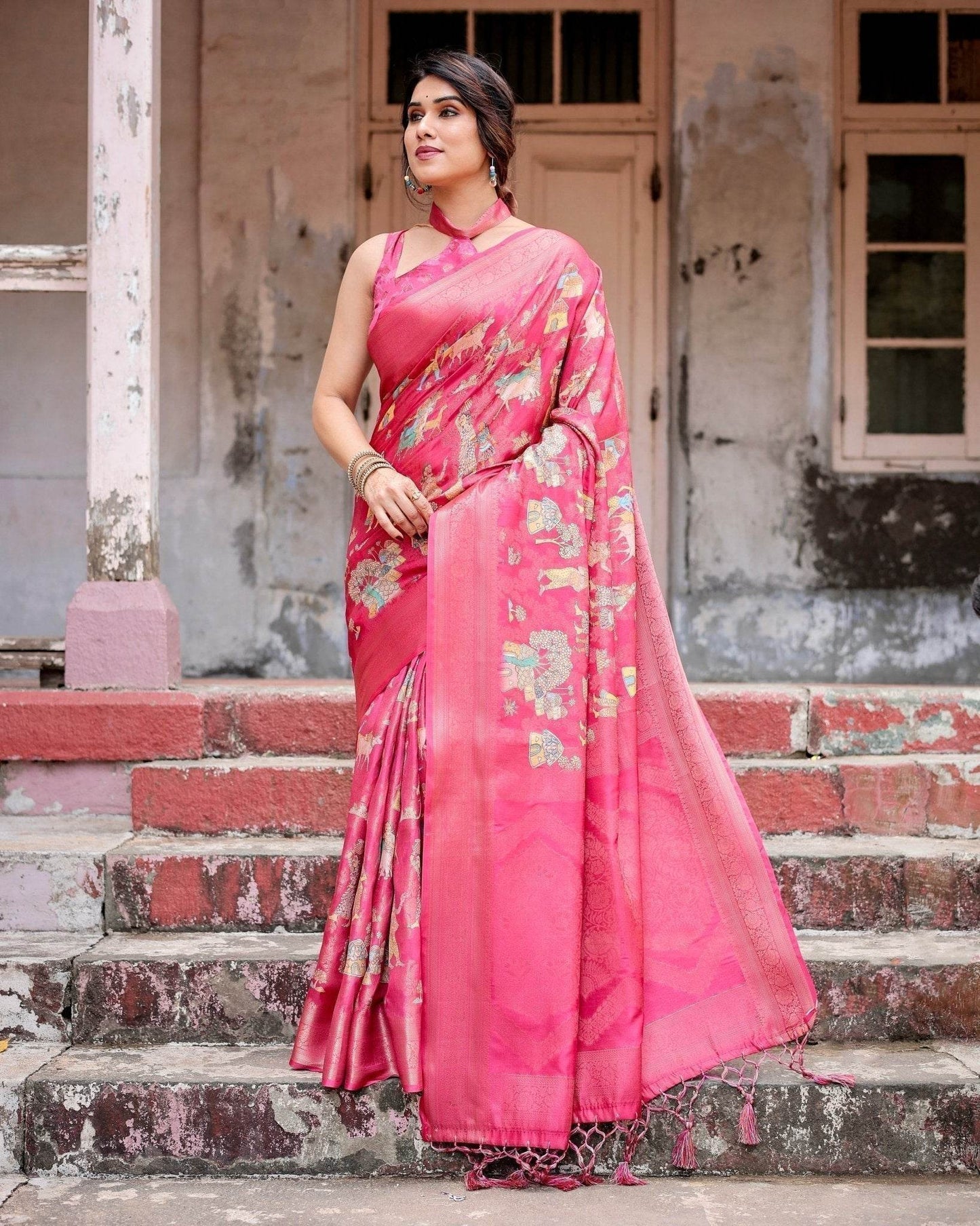 Regal Pink Banarasi Silk Saree with Zari Weave and Intricate Tassels - SEEANS