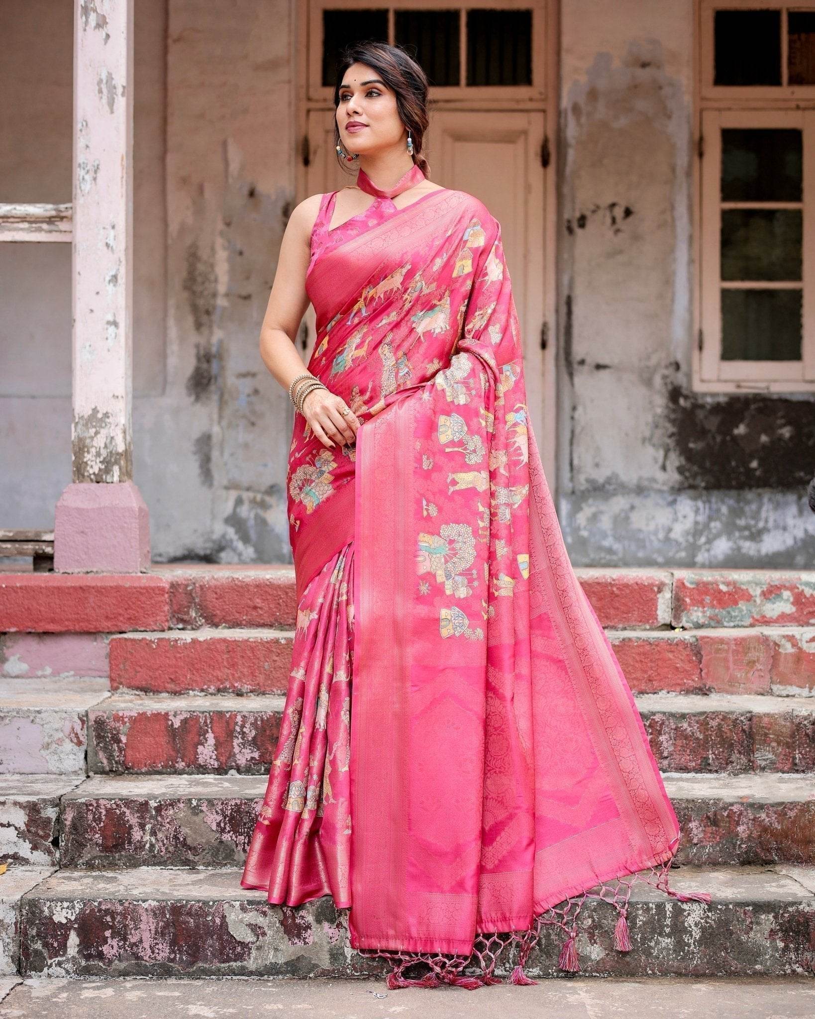 Regal Pink Banarasi Silk Saree with Zari Weave and Intricate Tassels - SEEANS