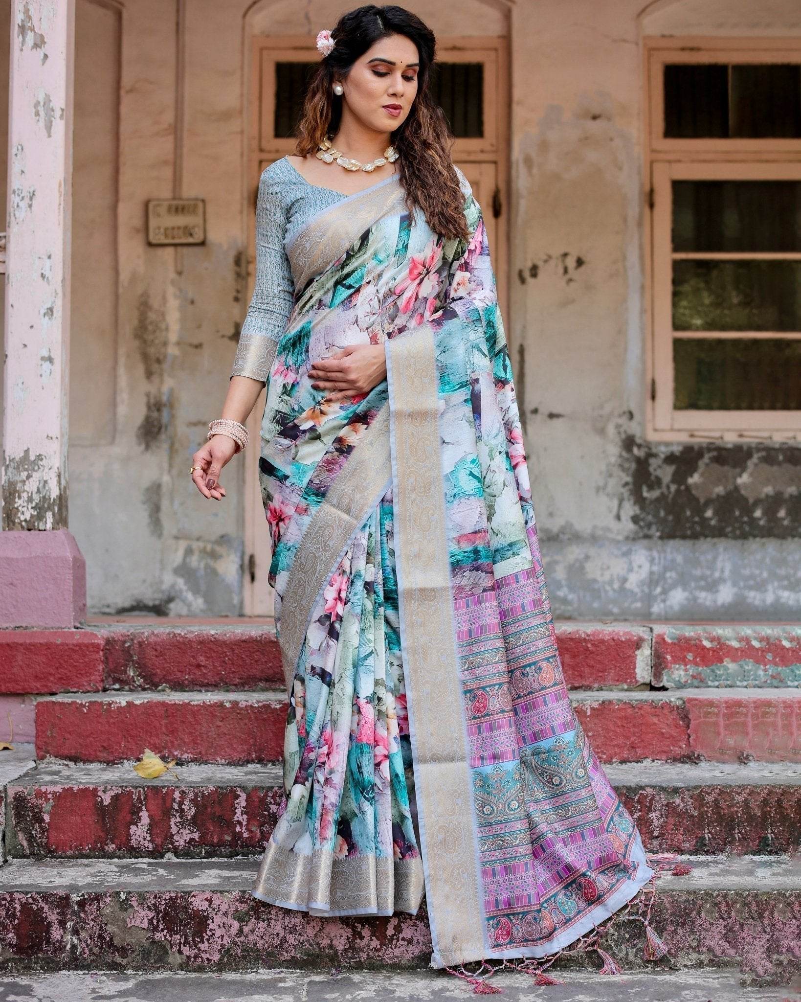 Graceful Floral Digital Print Saree with Gold Paisley Border and Multicolor Pallu - SEEANS