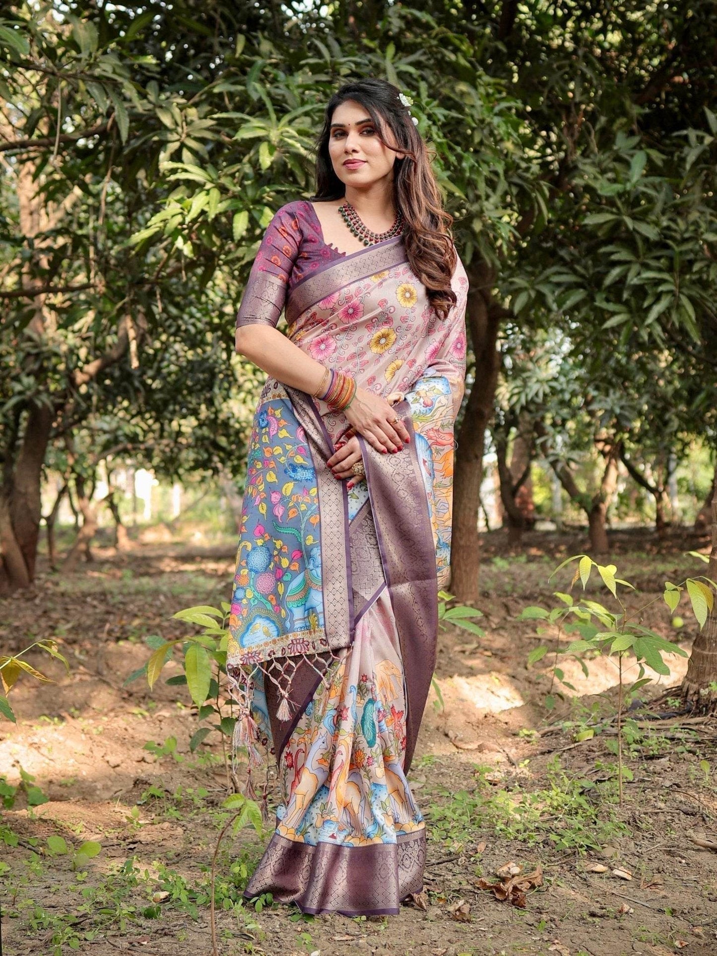 Pastel Beige Tussar Silk Saree with Vibrant Floral Motifs and Zari Border - SEEANS