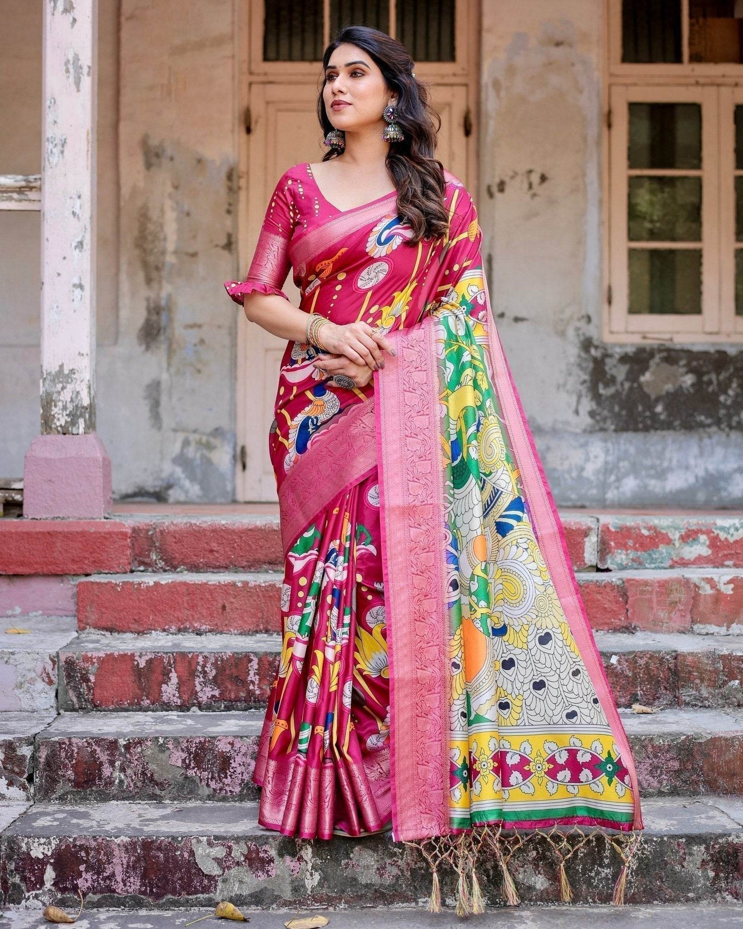 Magenta Tussar Silk Saree with Artistic Peacock & Floral Kalamkari Design - SEEANS