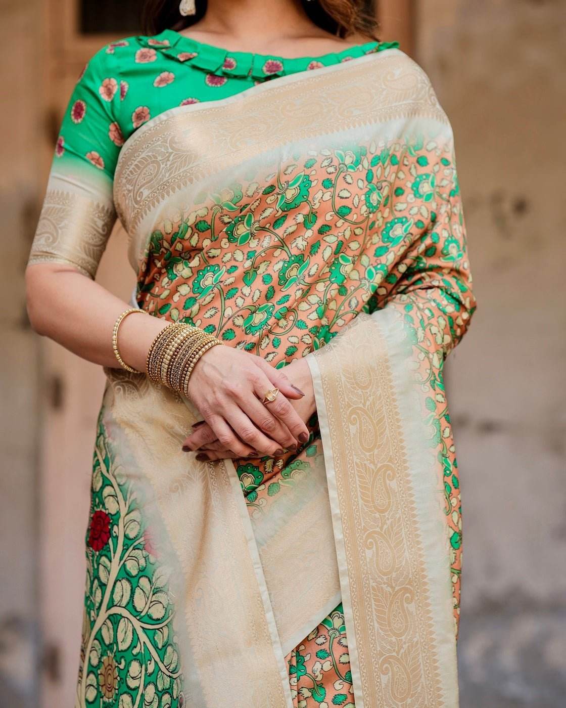 Emerald Green and Gold Tussar Silk Saree with Floral and Ornamental Motifs - SEEANS