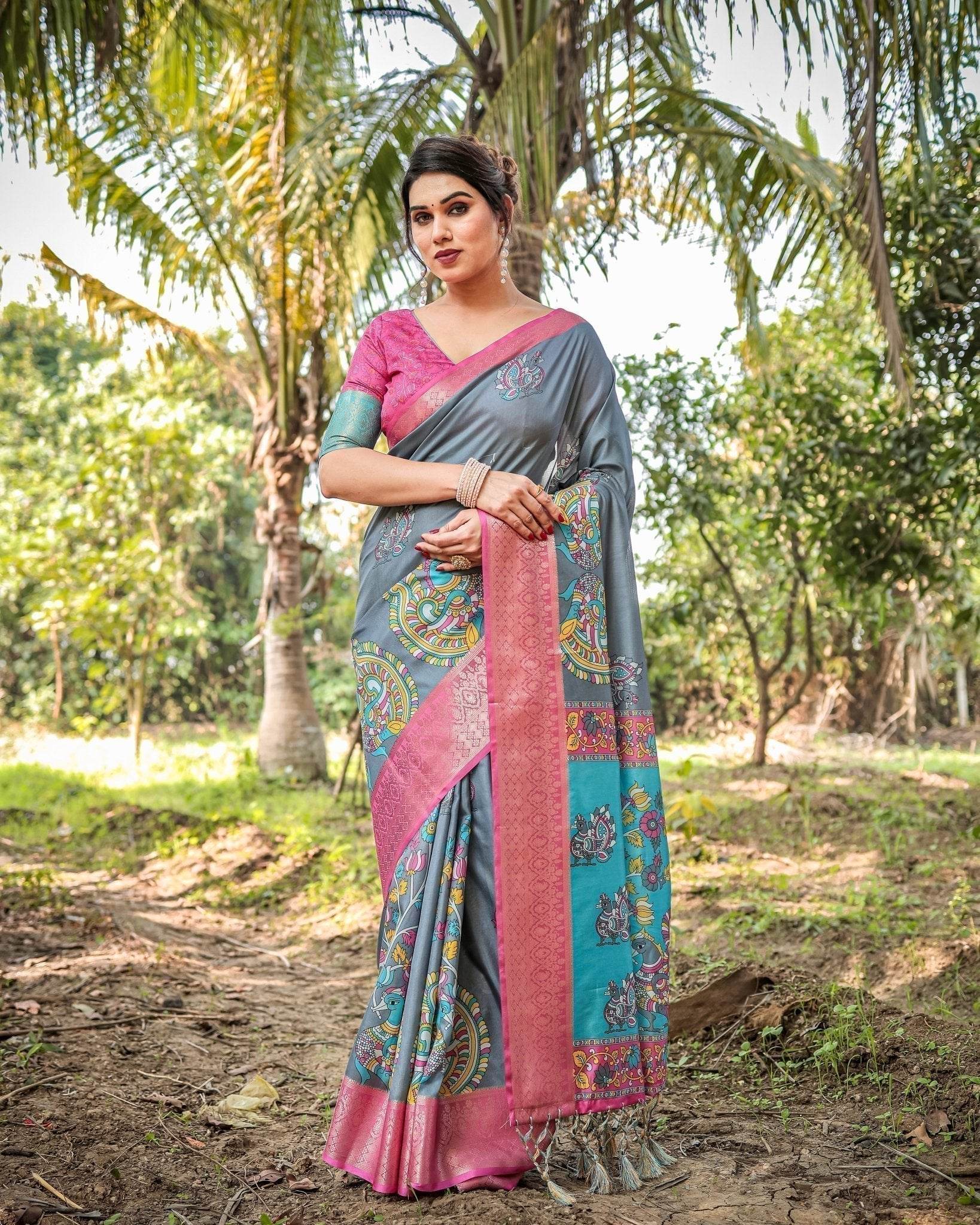 Pastel Grey and Turquoise Digital Print Tussar Silk Saree with Pink Zari Border and Peacock Motif Pallu - SEEANS